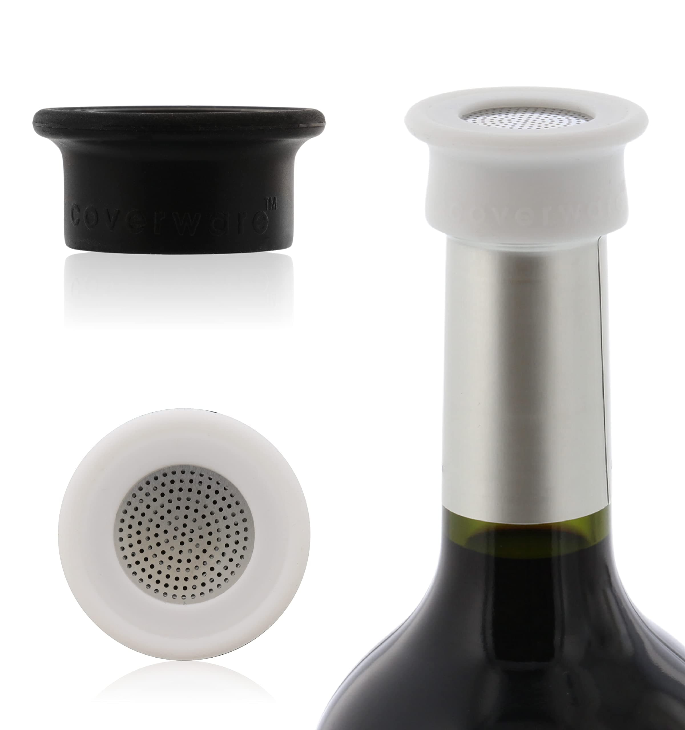 Drink Tops Ventilated Bottle Covers, 2 Pack, Black/White - BPA-Free Silicone Wine Bottle Covers to Protect Wine From Outdoor Elements - Stainless Steel Screen Insert Allows for Wine Breathability