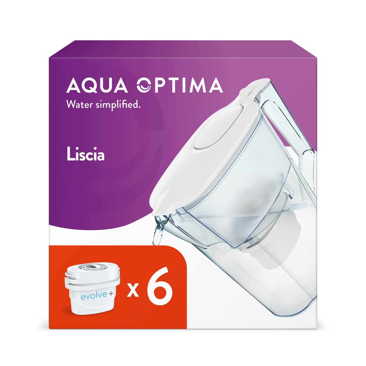 Liscia Water Filter Jug & 6 Evolve+ Filter Cartridges 2.5L White - Fridge & Dishwasher Friendly, Easy Fill - Reduces Limescale, Chlorine & Other Impurities - By LAICA (Packaging May Vary)