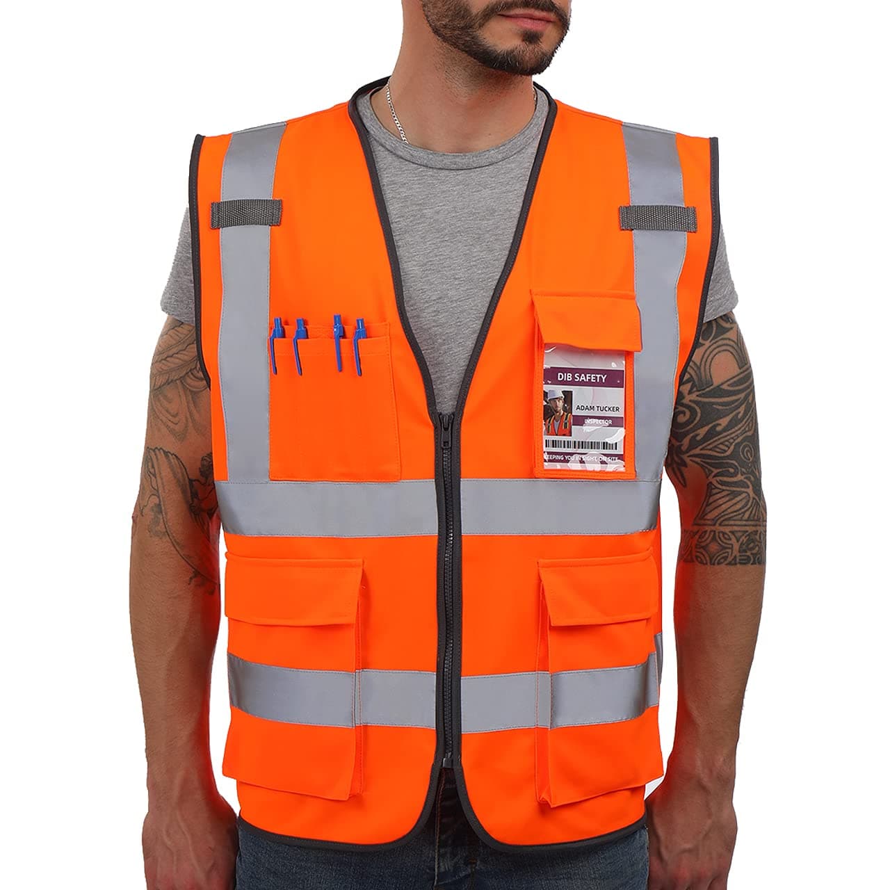 Dib Safety Reflective Vest ANSI Class 2, High Visibility Vest with Pockets and Zipper, Construction Work, Hi Vis