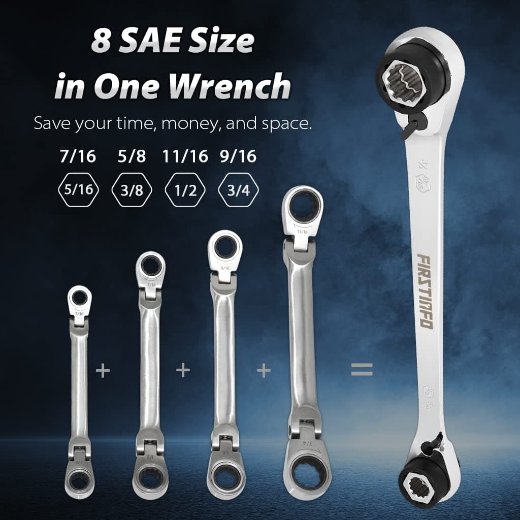 FIRSTINFO TOOLS FIT YOUR NEEDS F3452S Ratchet Ring Spanner 8-in-1, 12 Point Ratchet, SAE CR-V 90 Teeth Reversible Combination Wrench 5/16'' 3/8'' 7/16'' 1/2'' 9/16'' 5/8'' 11/16'' 3/4'' Silver