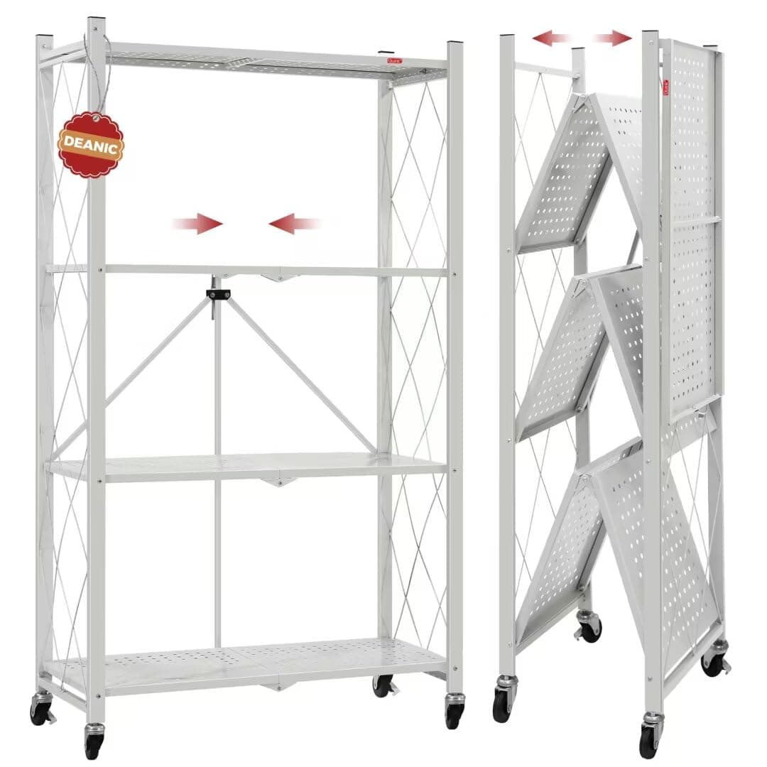 DEANIC 4 Tier Foldable Storage Shelves with Wheels, Large Capacity Shelving Unit, Freestanding Metal Wire Shelf Rack, No Assembly Organizer Rack for Garage Kitchen, Basement, Pantry(Grey)