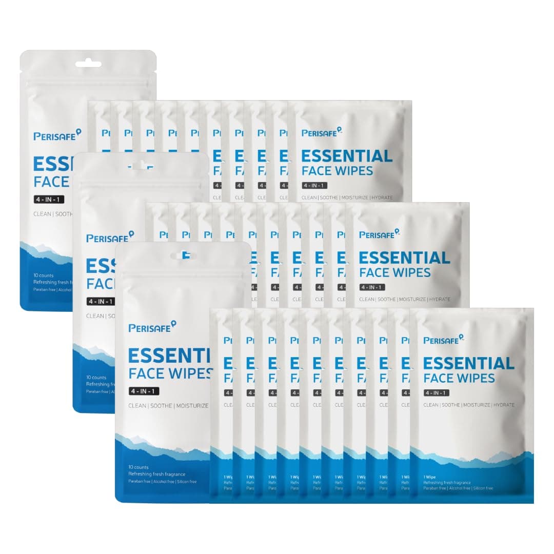 PERISAFE Essential Face Wipes Individually wrapped Sachet | 4-IN-1 | pH Balanced | Free from Alcohol, Paraben, Silicon |Pack of 30 Wipes
