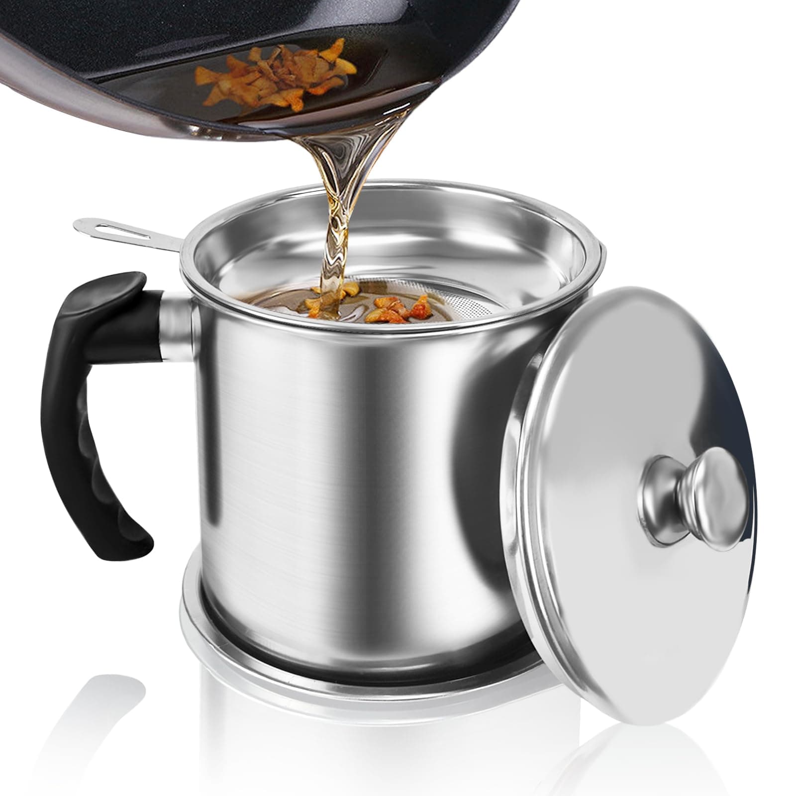 Jtshy Bacon Grease Container With Strainer,1.3L(46 fl. oz.) Kitchen Stainless Steel Oil Container Can with Strainer and Anti-slip coaster tray for Store Meat Frying Oil and Cooking Grease Storage