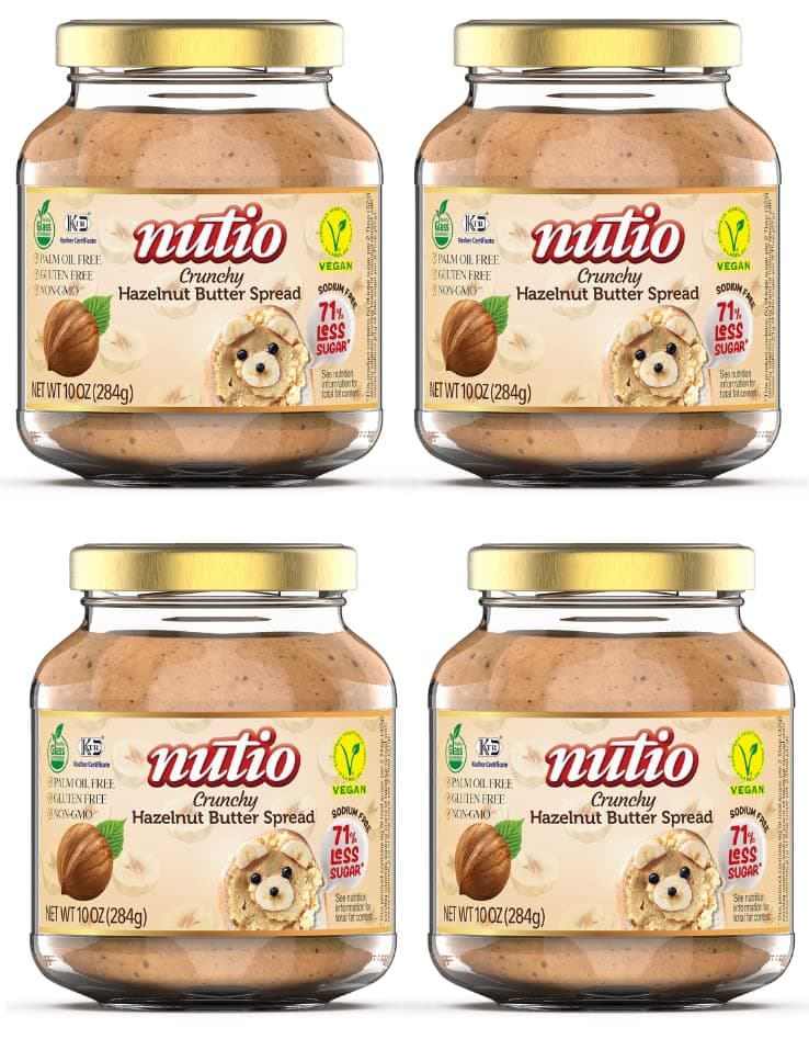 Nutio Crunchy Hazelnut Butter Spread, More Hazelnut, Less Sugar, Low Carb, Keto Friendly, Vegan, Palm Oil and Gluten Free, Non GMO, Sodium and Cocoa Free, 42 oz (4 Pack) Glass Jar