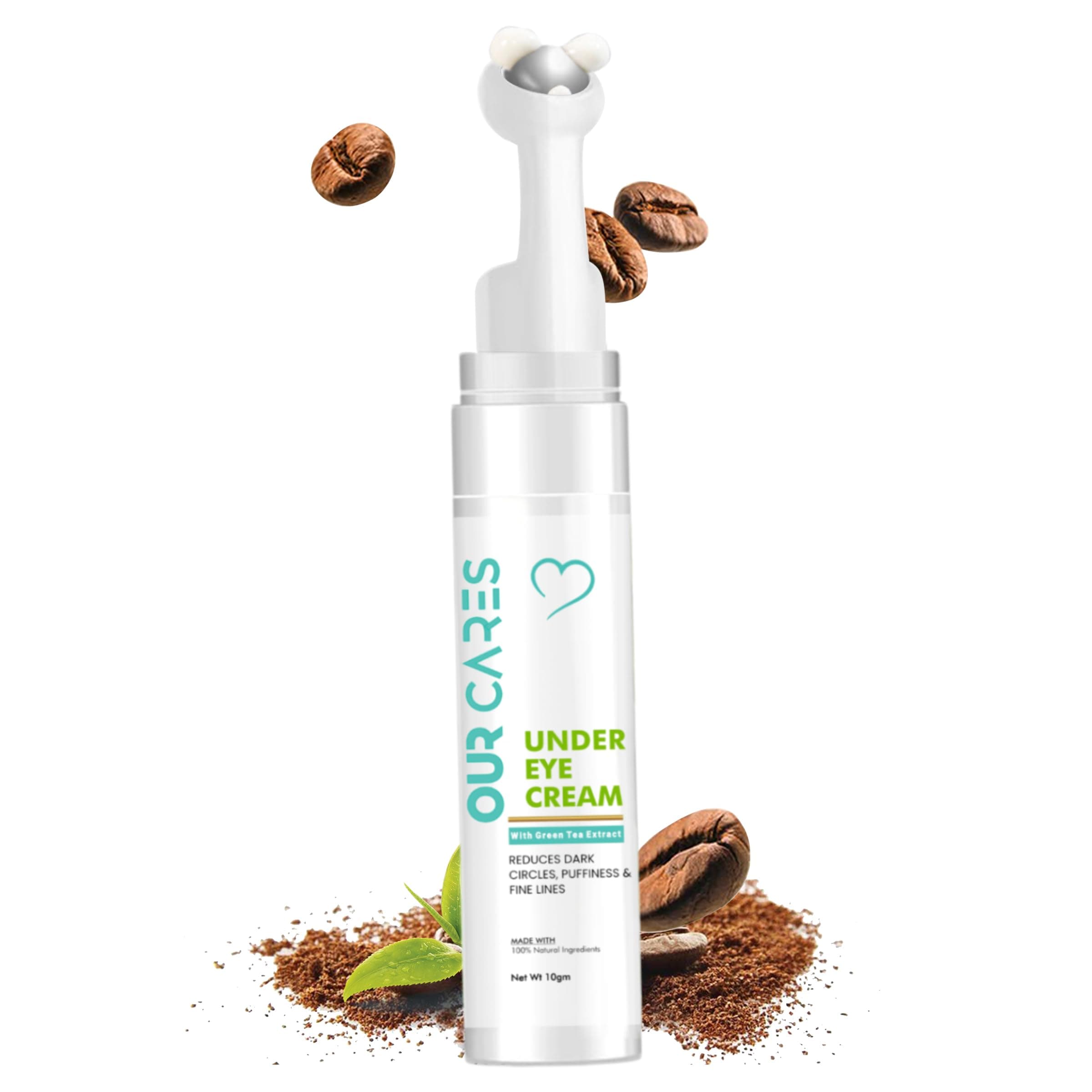 OUR CARES Under Eye Cream Roller with Green Tea Tree & Coffee Extract | Reduces Dark Circles, Puffiness & Fine Lines | Natural Herbal Formula | Soothing Metal Applicator | For Men & Women – 10g