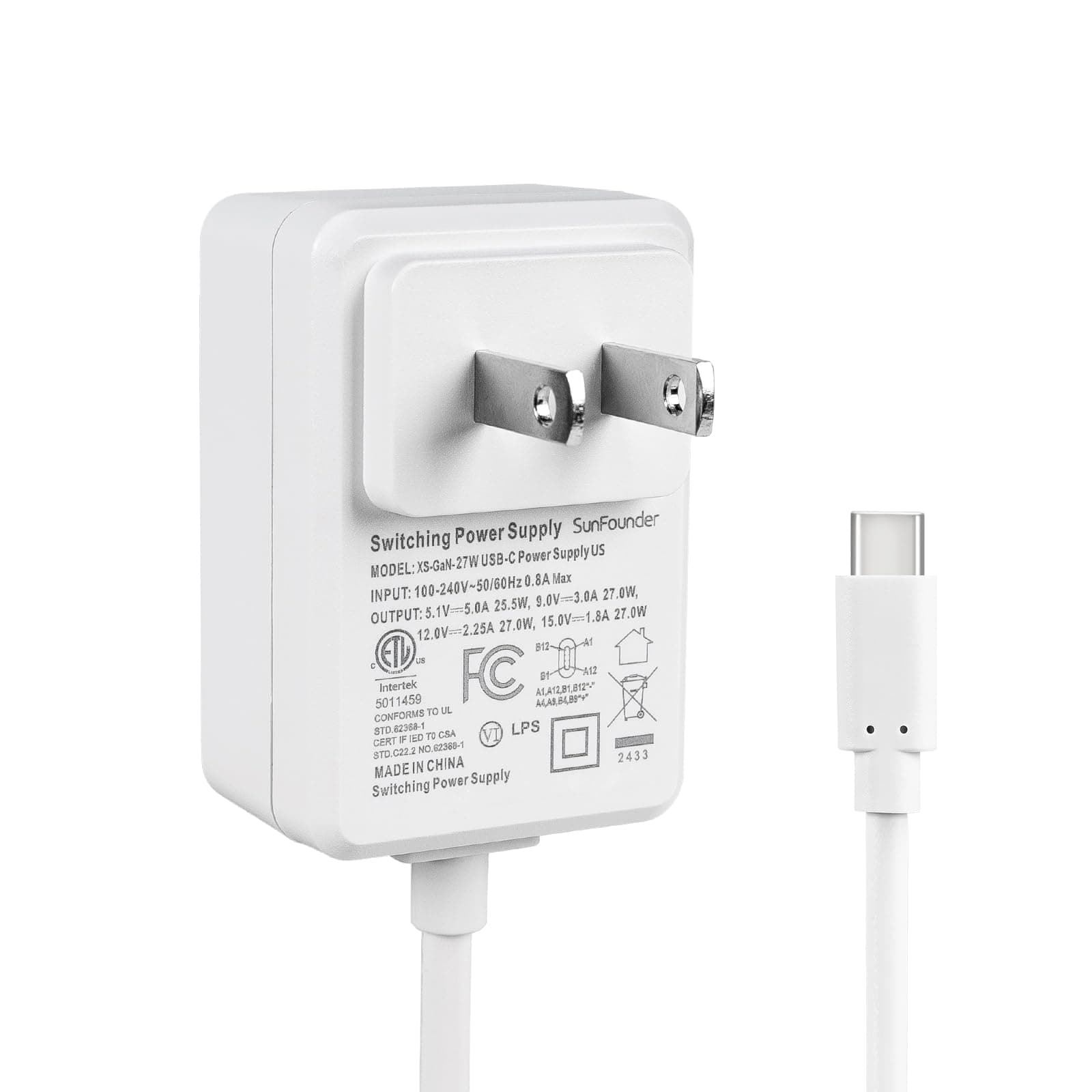 SunFounder 27W PD Power Supply for Raspberry Pi 5, 5.1V 5A GaN 1.2m 3.6ft USB-C Changer Adapter for Raspberry Pi 5 8G/4G/2G/Raspberry Pi 4/Pironman 5 (ETL Listed)