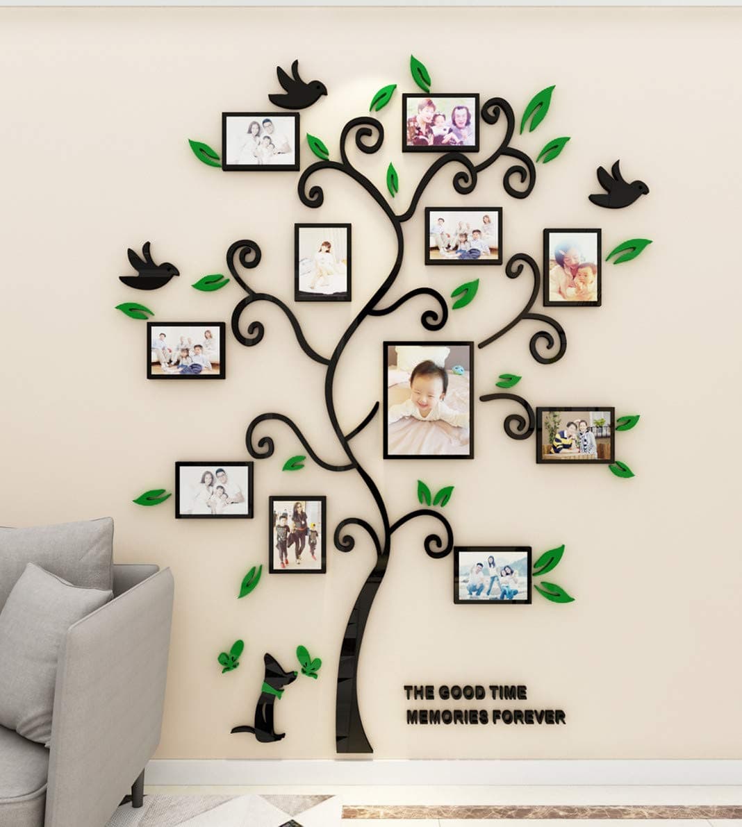 3D Tree Wall Stickers - Family Tree Wall Decor Black Trunk Picture Frame DIY Photo Frame Decals Family Frames Living Room (Green, Small)