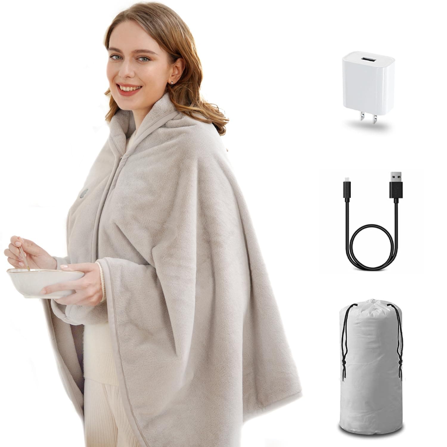 USB Heated Blanket,with USB Charger -Without Battery Pack,Portable Wearable Heated Shawl Throw Blanket for Home & Outdoor,Warm and Soft Cotton
