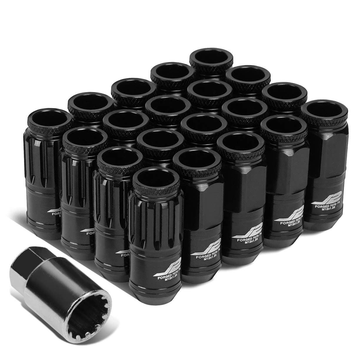 J2 Engineering 16Pcs 7075 Aluminum Open End M12 x 1.25 Lug Nuts w/4Pcs Lock Nuts & Key, Black, Fit Conical Seat, LN-T7-002-125-BK