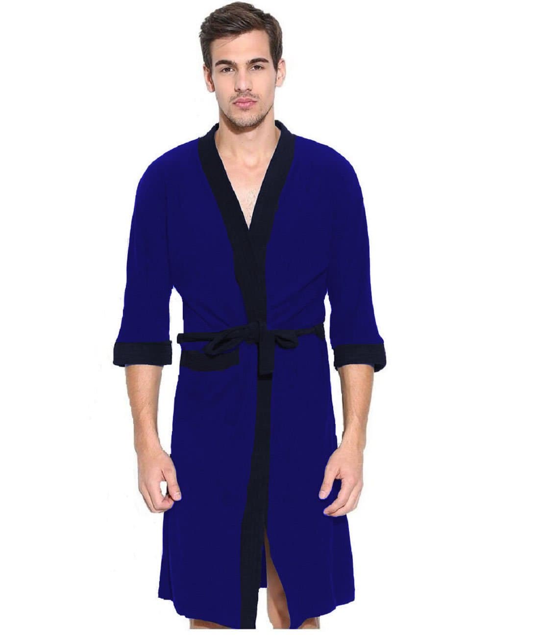 Elevanto Collection 3/4Th Sleeve Terry Cotton Bathrobe-Free Size-Men(RoyalBlue with Blue Strips)