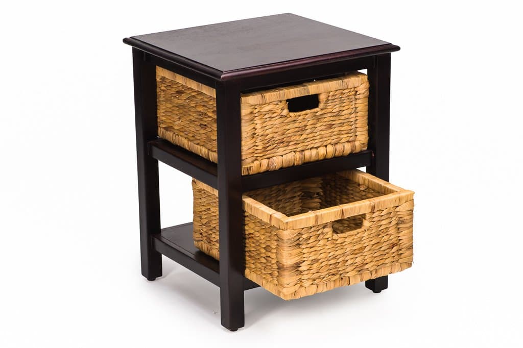 Oriental Rustic Accent Side Table with 2 Removable Fine Handmade Drawers- Ideal Nightstand, Bedside Cabinet for Lamps, Vases, Candles and Phones with Storage Baskets for Living or Bedrooms