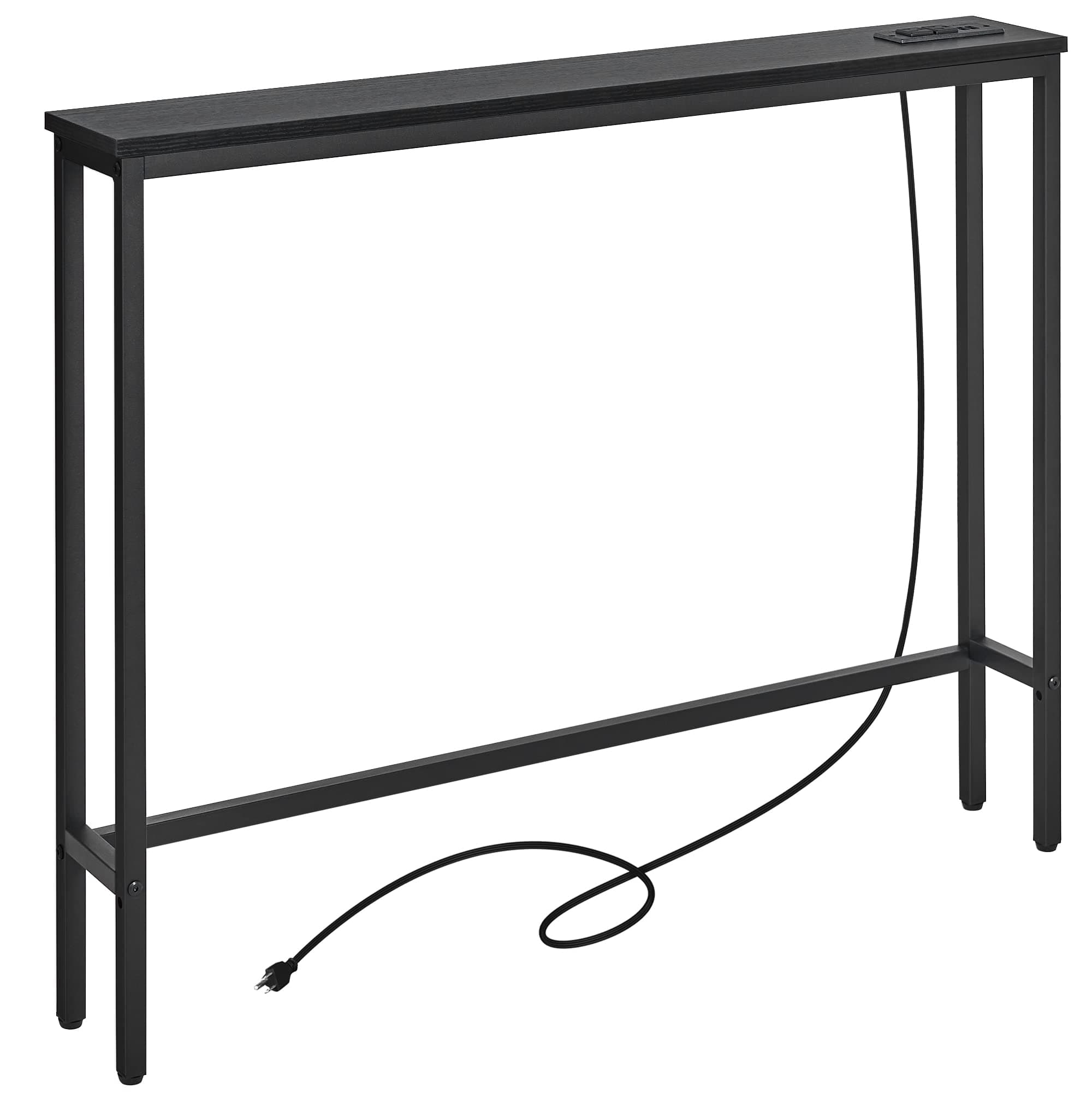 ELYKEN 5.9" Narrow Console Sofa Table with Power Outlets, 5.9" Dx39.4 Wx31.1 H Long Black Behind Couch Table with Metal Frame and Charge Station with 6.5’ Extension Cord