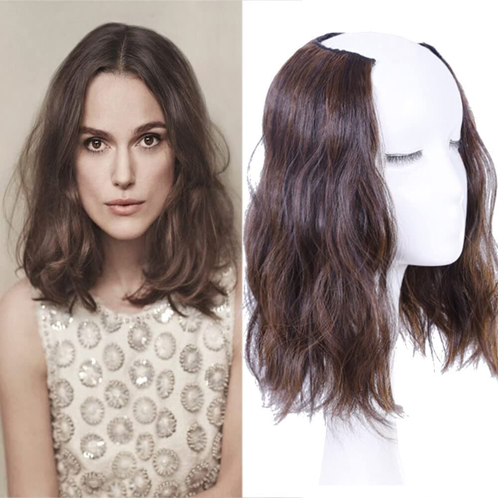 Medium Length 12" Wavy U-Shape Part Half Wig One Piece Clip in Hair Extension Medium Brown