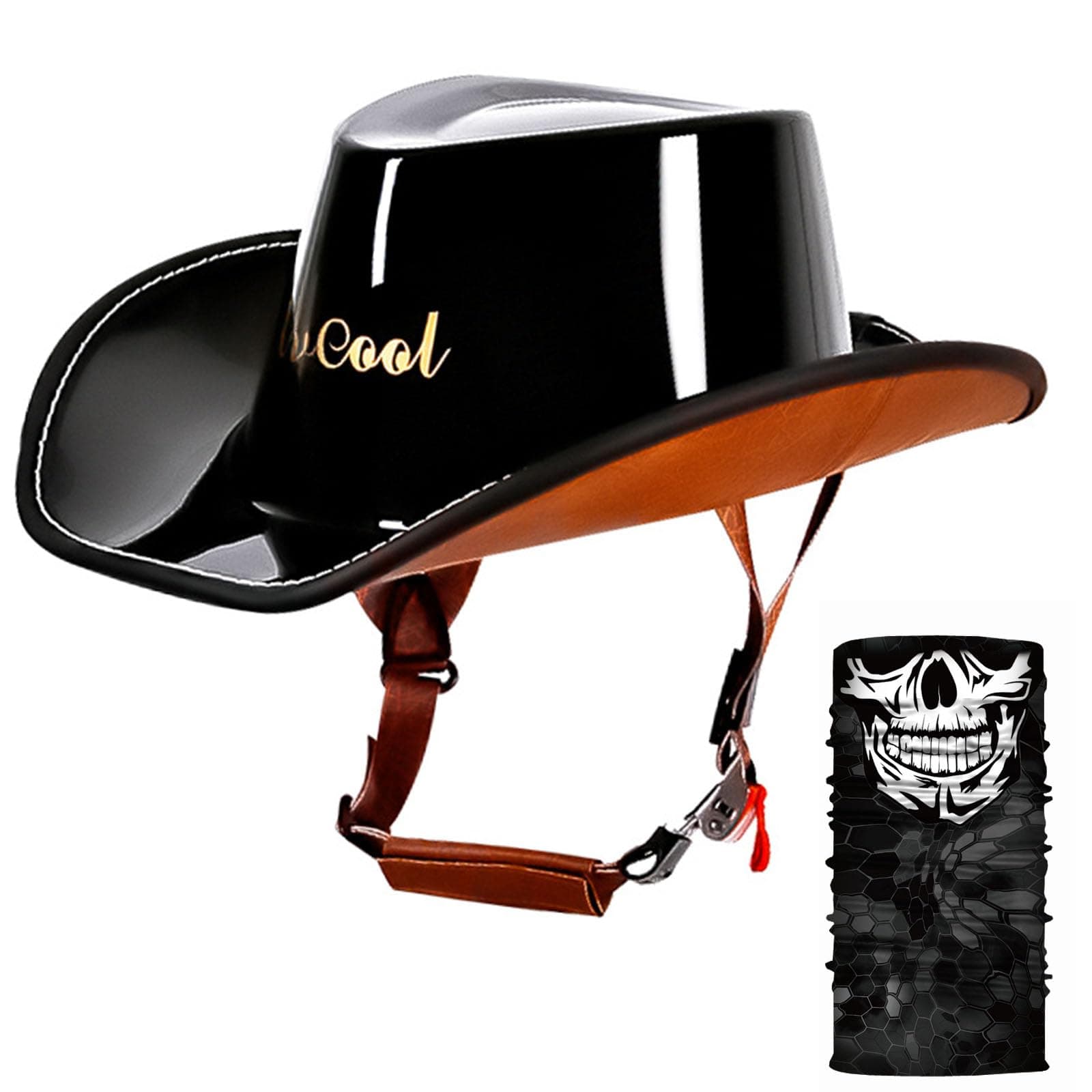 Retro Half Helmet DOT Approved Open Face Cowboy Hat Motorcycle Western Helmet with Quick Release Buckle and Lining for Adults Men Women