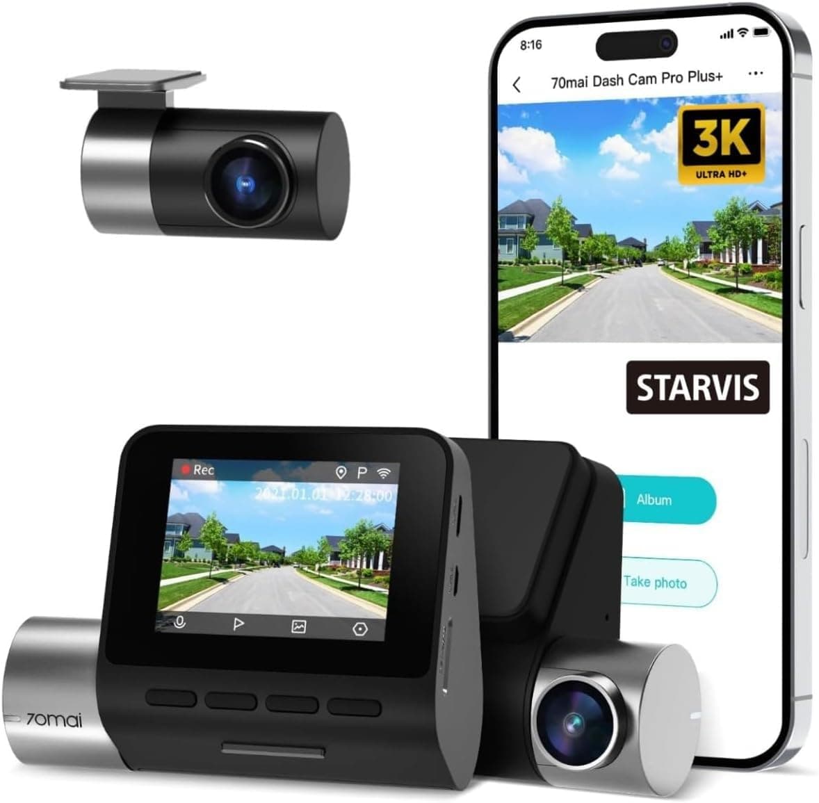 70Mai Smart Dash Cam Pro Plus Sets A500S - Dual Video Recording, 5MP Resolution, 140-Degree Wide View Angle, Free WiFi, and 24-Hour Parking Monitor for Enhanced Security