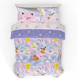 - Pokémon Eevee, Pikachu, Jigglypuff Girl Bedding Soft Cozy Reversible Microfiber Comforter and Sheet Set with Sham, 7 Piece Full Size, (Official Licensed Product) by Franco Kids