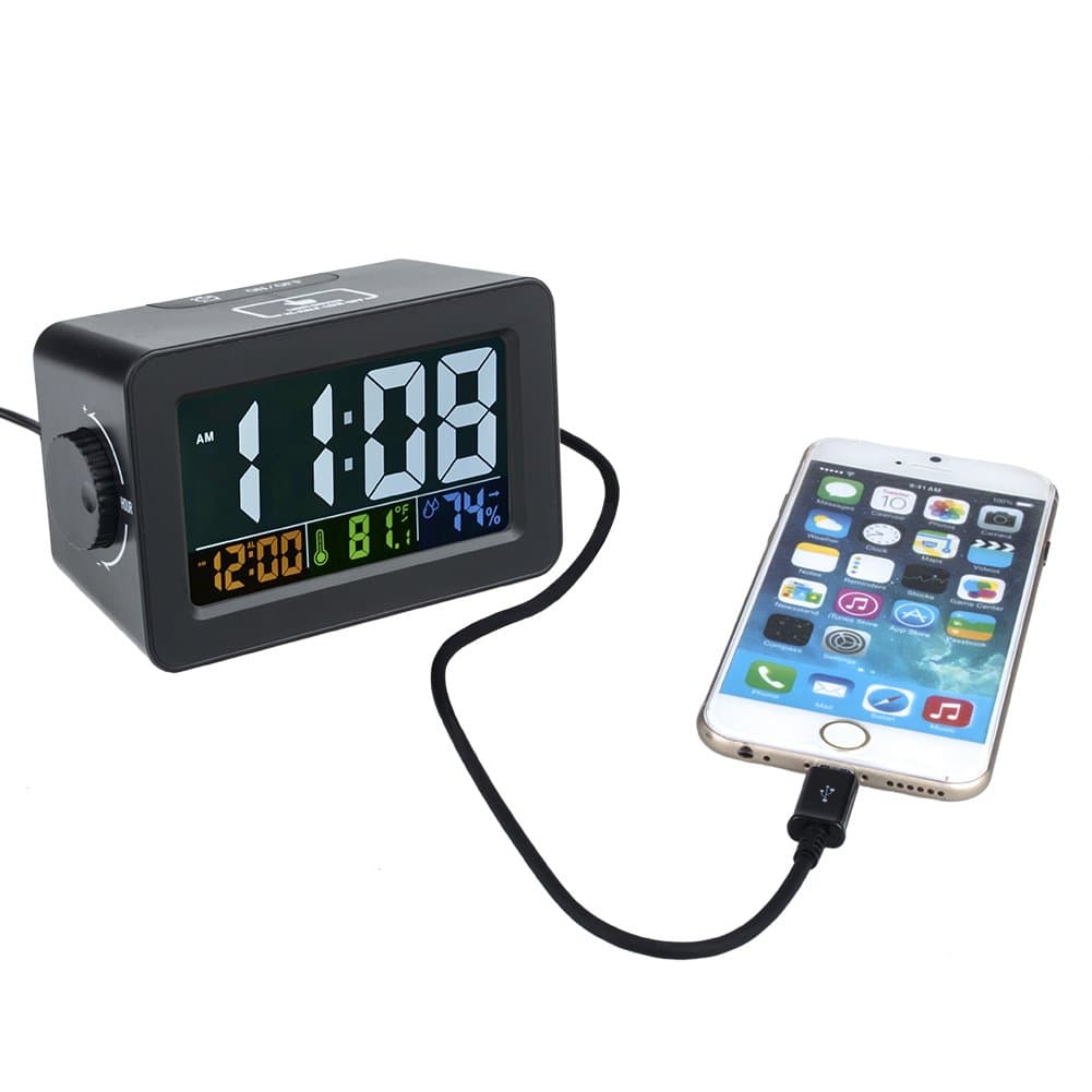 Alarm clock, EWTTO Digital Multifunction Clock Color Display with Indoor Temperature/Humidity/Date/USB Port for Home/Office(Black/Color Screen)