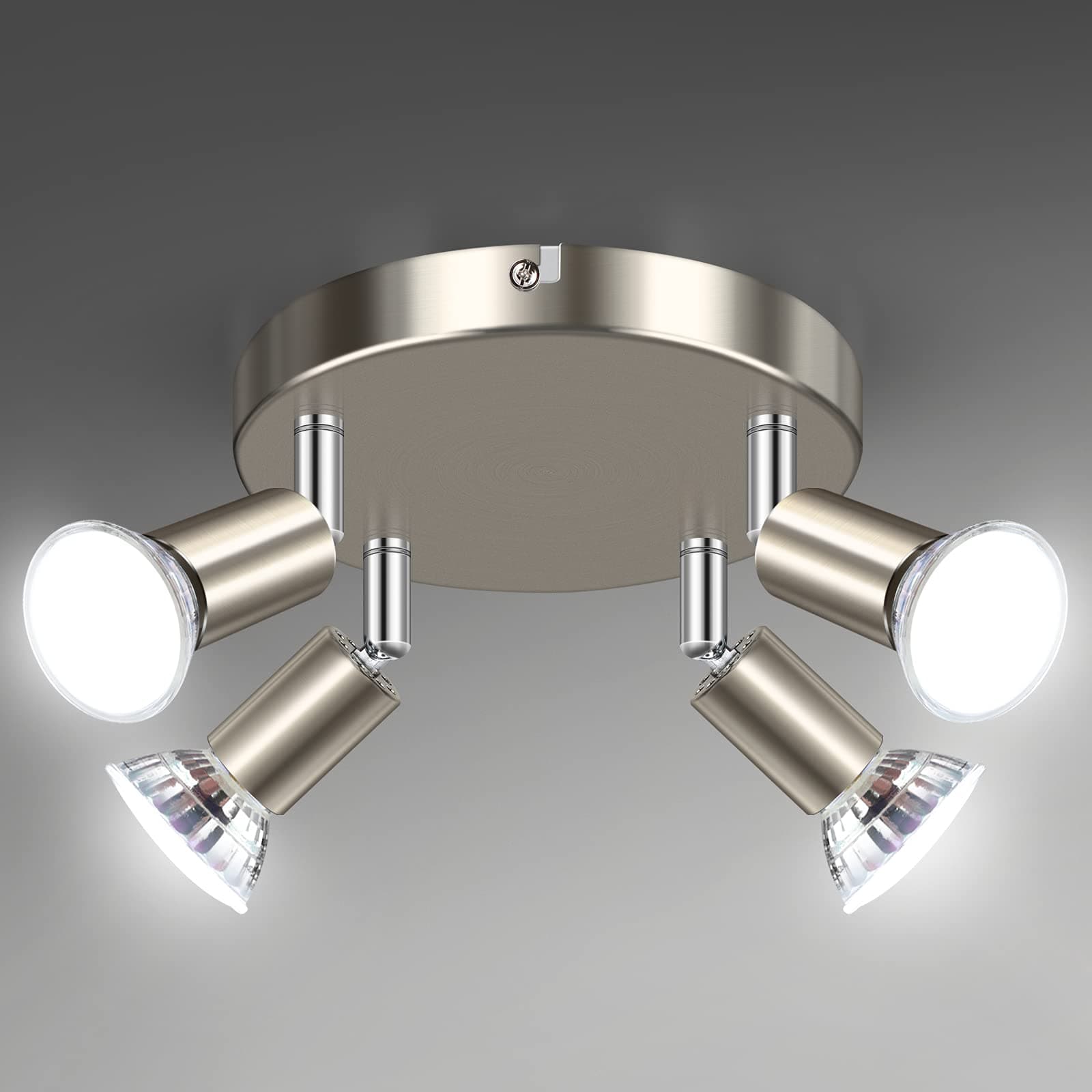 Unicozin 4 Way LED Ceiling Light, Round Plate Ceiling Spotlight, ø180mm, Brushed Nickel, Included 4 x 4W GU10 LED Light Bulbs (450LM, Cool White), Spotlight Lamp for Bedroom Kitchen Living Room