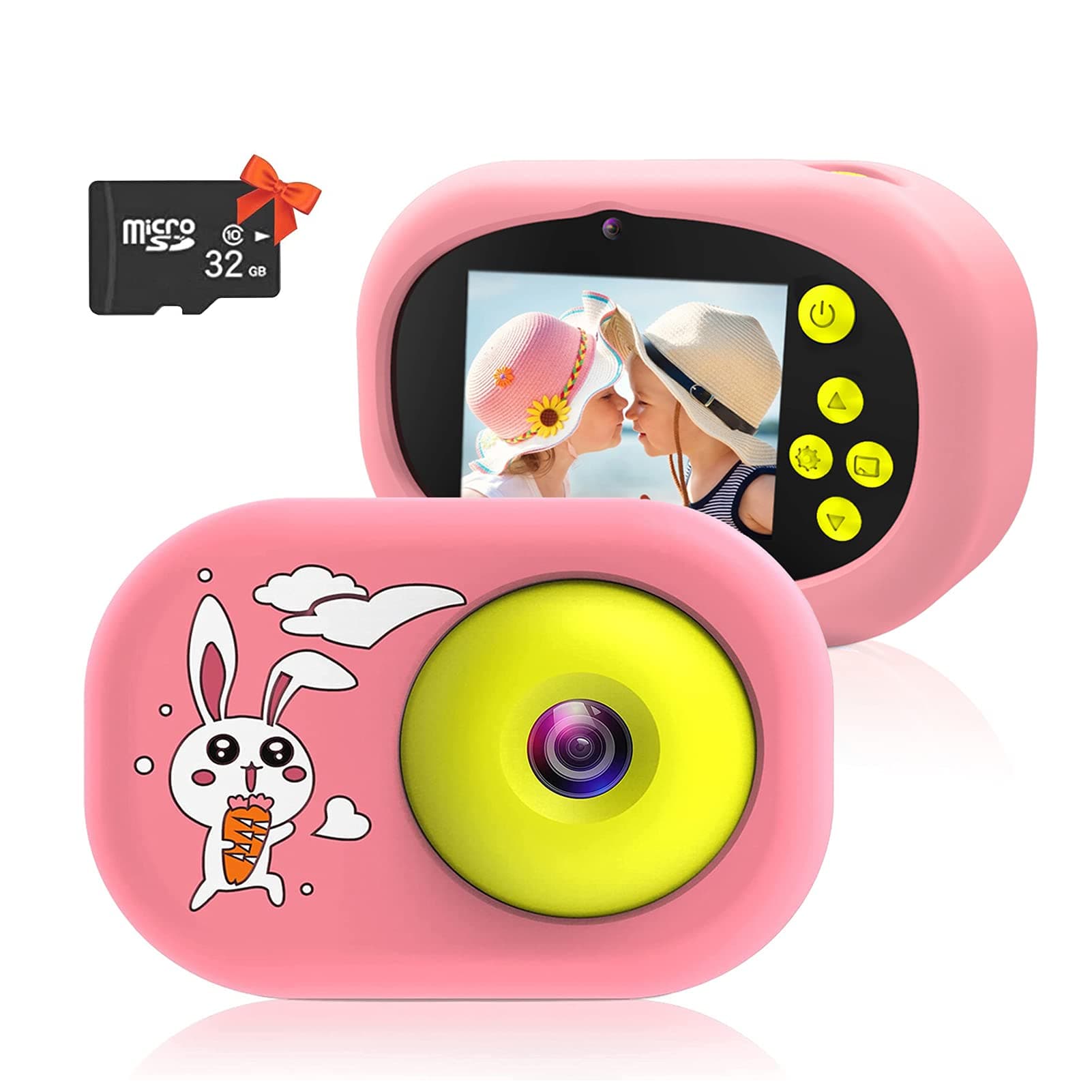 Ushining Kids Digital Camera with 2.4 Inch Screen, HD Video Recorder, Toddler Portable Toys Birthday Gifts for Boys Girls Aged 3-12, Children Selfie Camera with 32GB SD Card (Pink)
