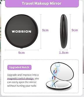 WOBSION Compact Mirror with Light, 1x/10x Magnifying Travel Makeup Mirror, LED Pocket Mirrors for Purse and Handbag, Handheld 2-Sided Small Folding Mirrors, Round, Black