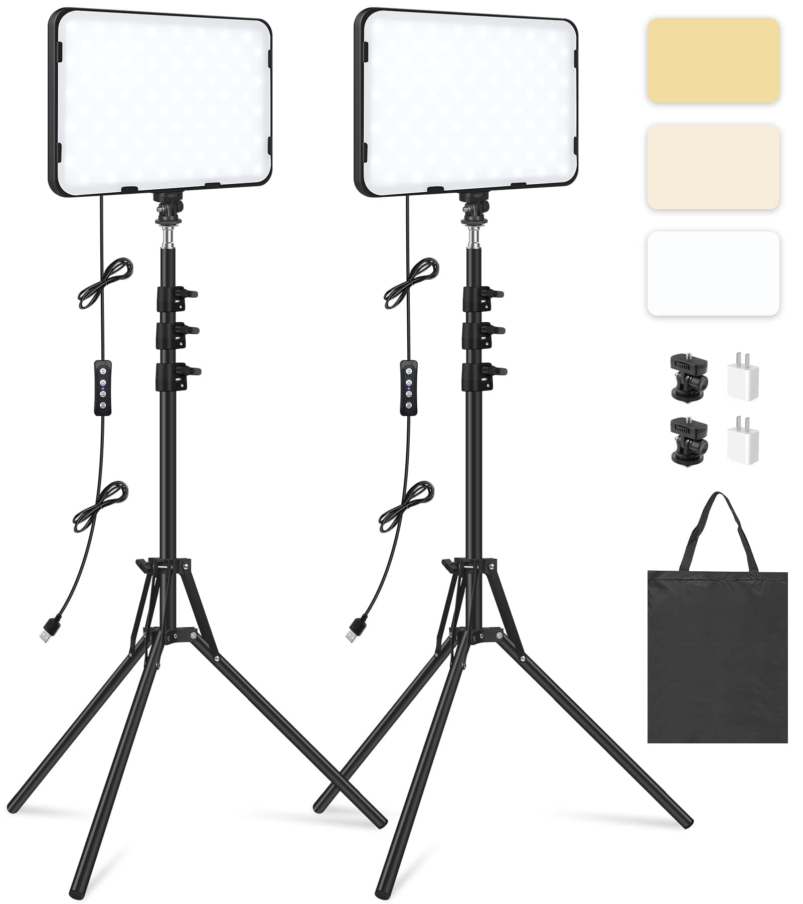 Obeamiu 2 Pack LED Video Light with 63'' Tripod Stand, 2500-8500K Dimmable Photography Studio Lighting for Video Film Recording/Collection Portrait/Live Game Streaming/YouTube Podcast, USB Charger