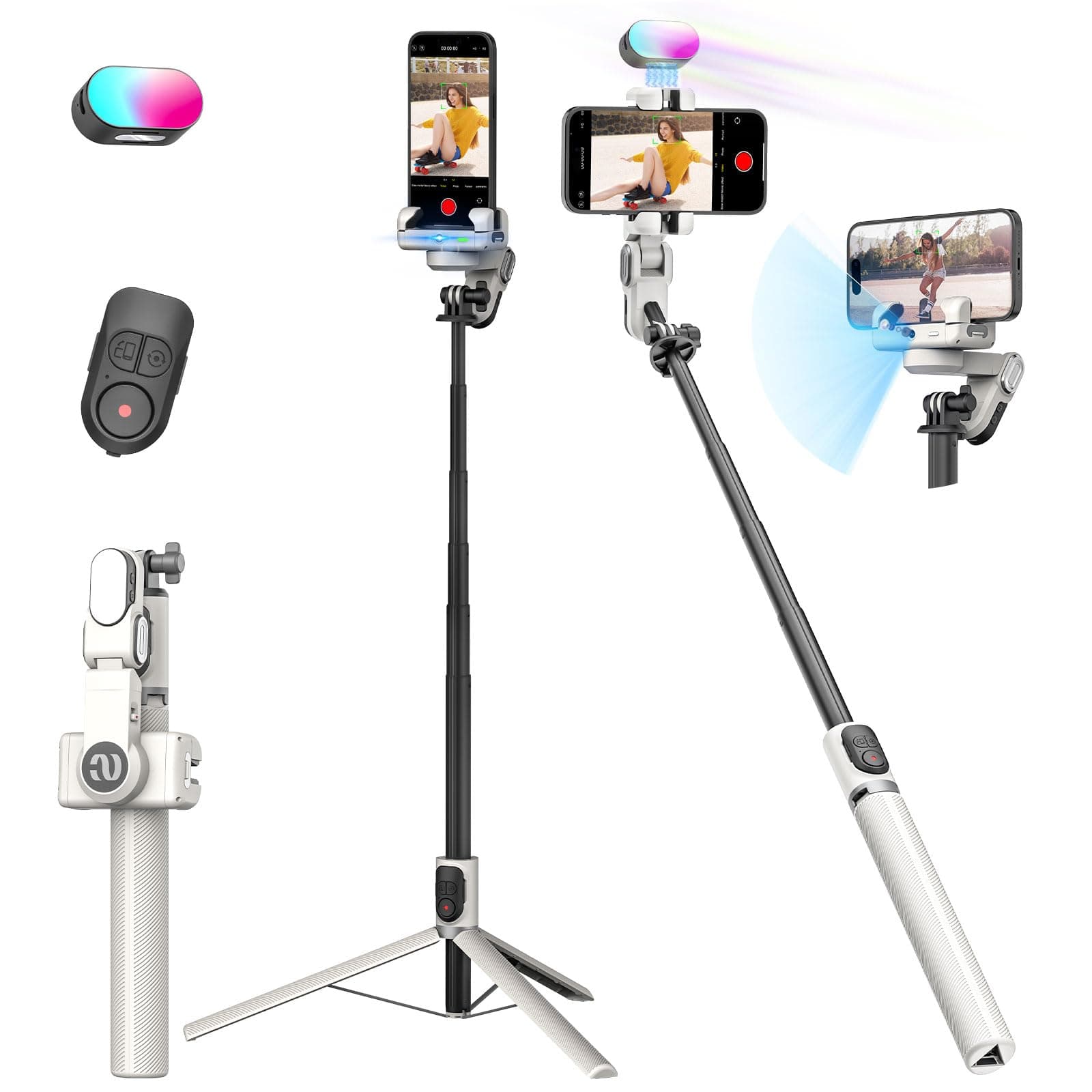 Smartphone Gimbal Stabilizer, Smart Face Tracking Tripod Without APP - 4 in 1 Cellphone Gimbal Stabilizer for iPhone&Android Extended 108cm Rod with RGB Fill Light,M2PRO White