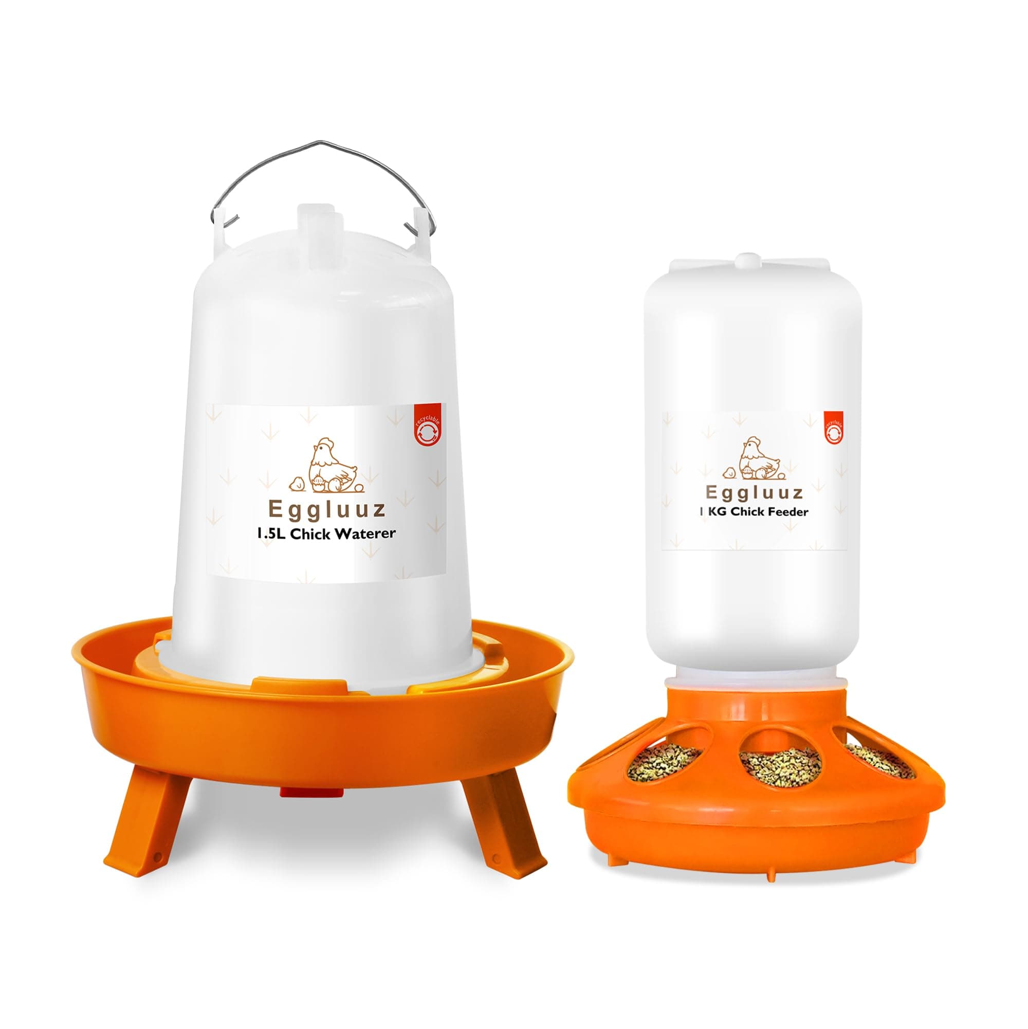 Eggluuz Chick Feeder and Waterer Kit Automatic Chicken Feeder and Waterer Set, 1L Chick Feeder and 1.5L Chick Waterer with 3 Heights Adjustable Legs