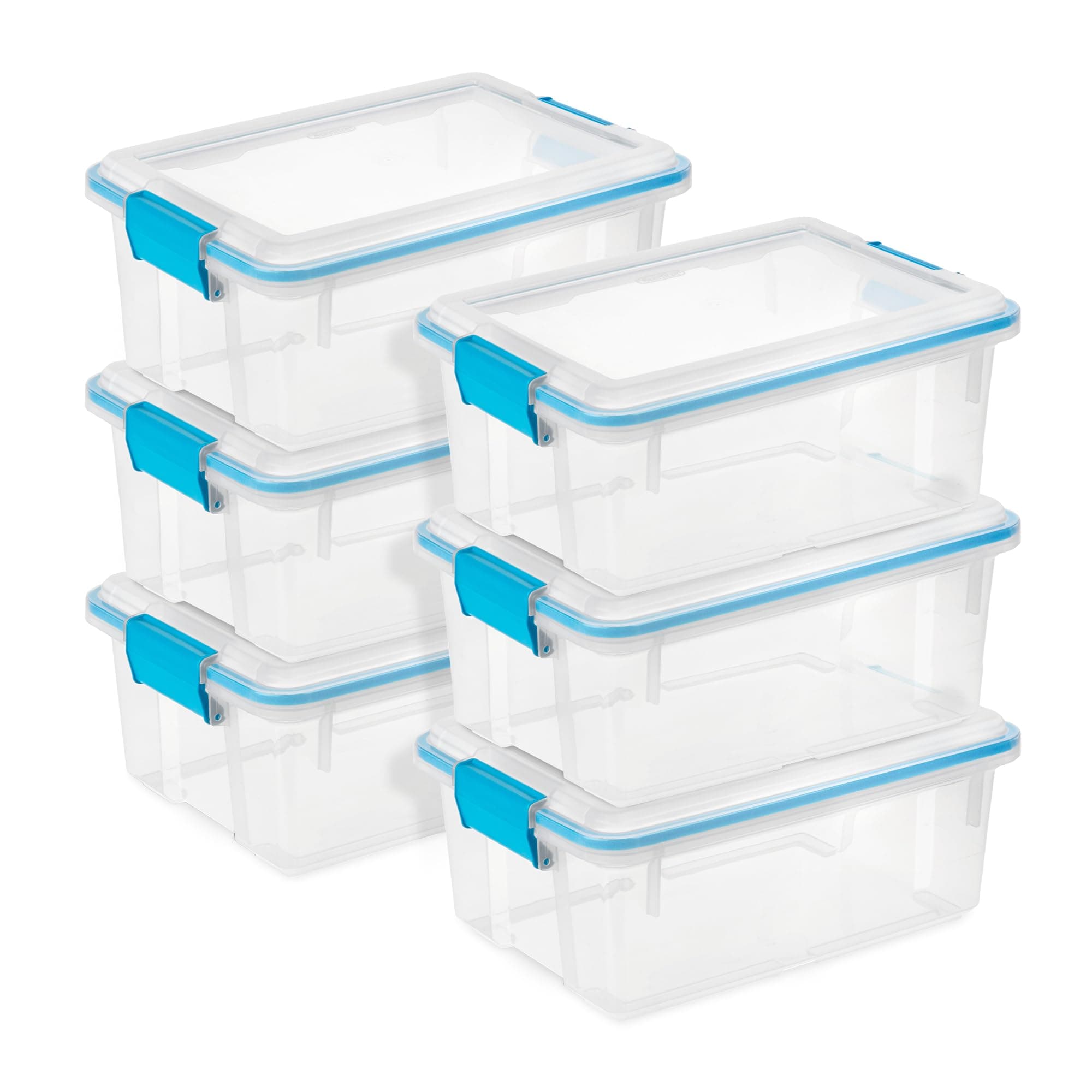 Sterilite 12 Qt Gasket Box, Stackable Storage Bin with Latching Lid and Tight Seal, Plastic Container to Organize Basement, Clear Base and Lid, 6-Pack