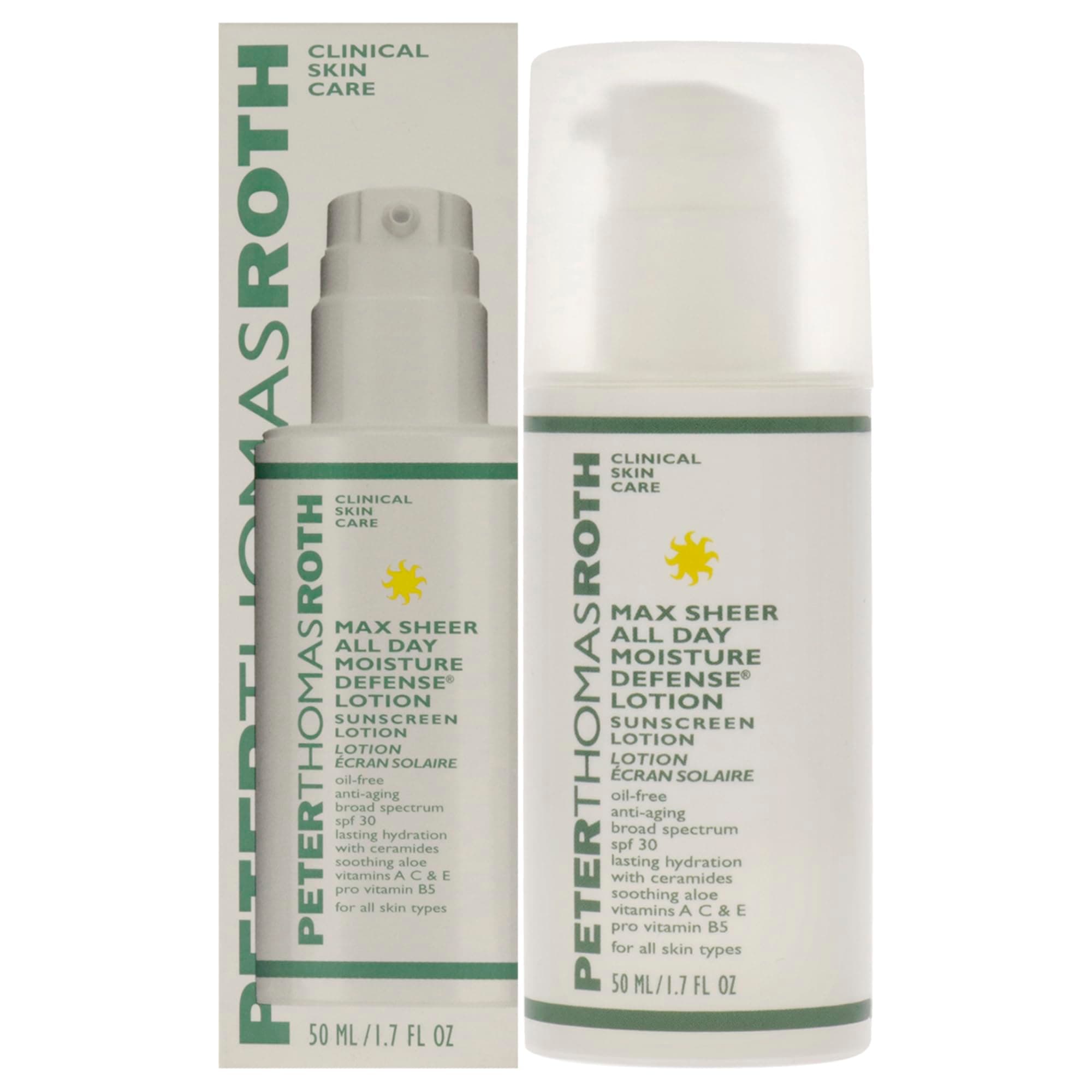 Peter Thomas Roth Max Sheer All Day Moisture Defense Lotion (SPF 30), Ultra-Light, Anti-Aging Sunscreen for UVA/UVB Protection with Moisturizers and Antioxidants