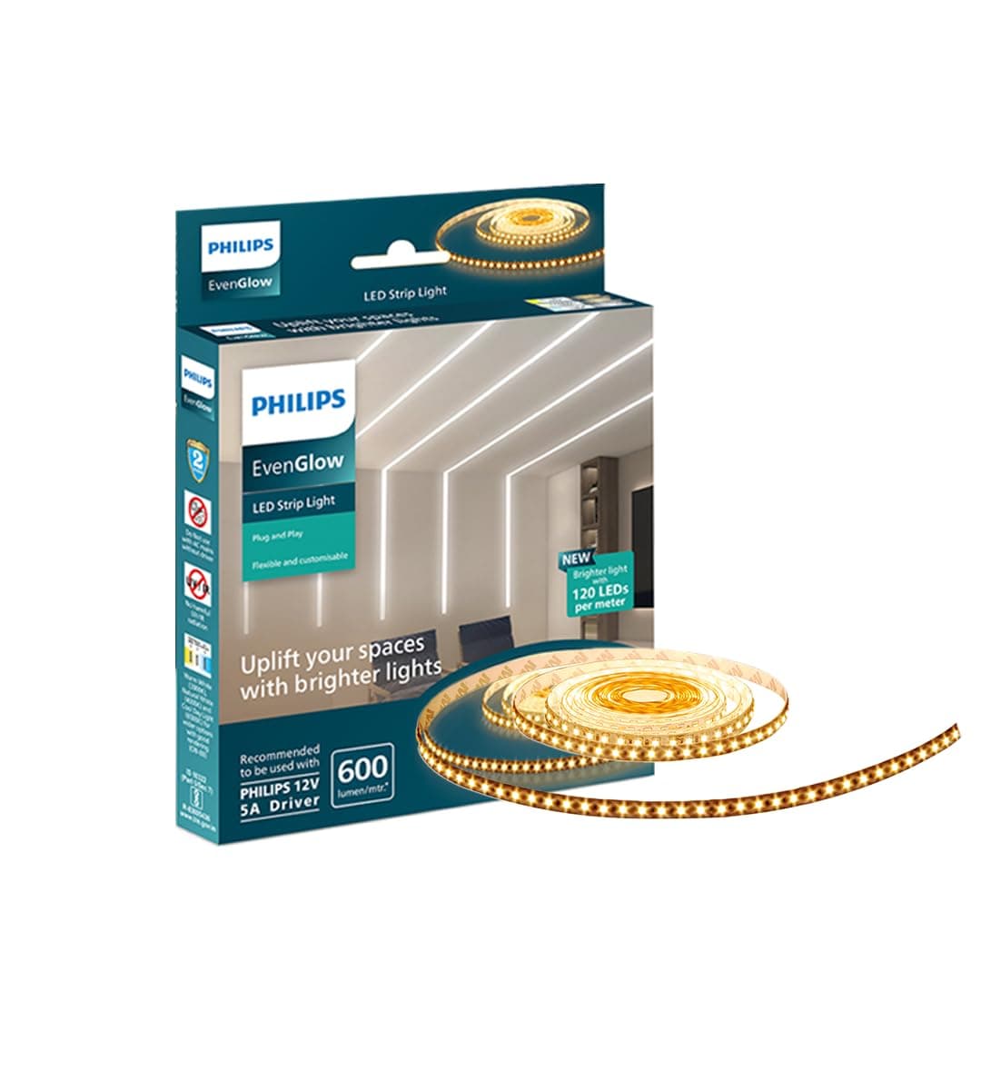 Philips LED Profile Light for Ceiling | 5-Meter 120 LED Strip Light for Home Decoration | Even Glow, Warm White | Pack of 1 (Driver Required Separately) Polycarbonate