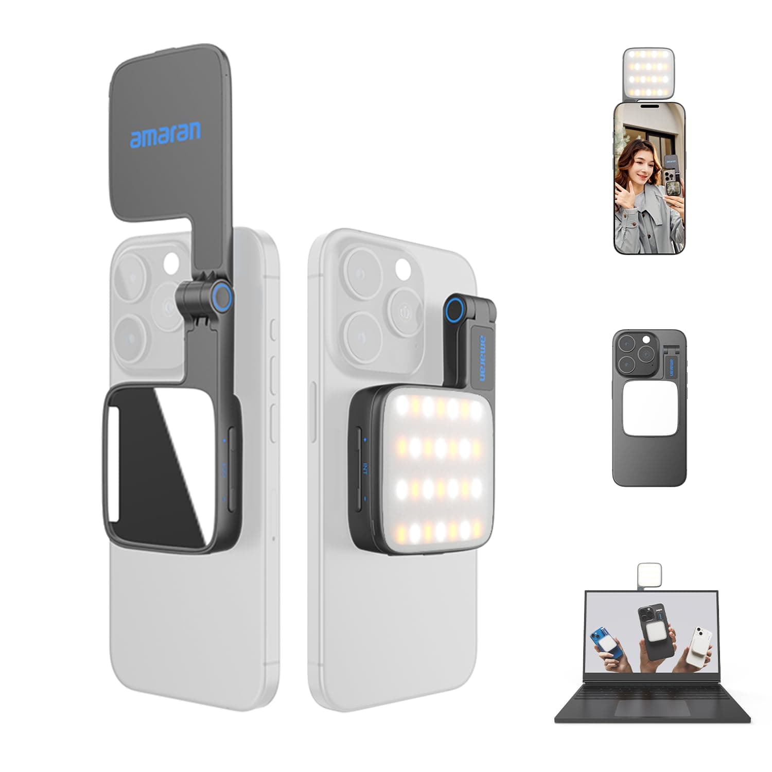 Go Mini Phone Light, Magnetic LED with Dual Mirror Light, Adjustable 2700K-6500K CCT, 10 Lighting Effects, USB-C Fast Charging, Soft & Accurate Lighting for Mobile Creators (Charcoal)