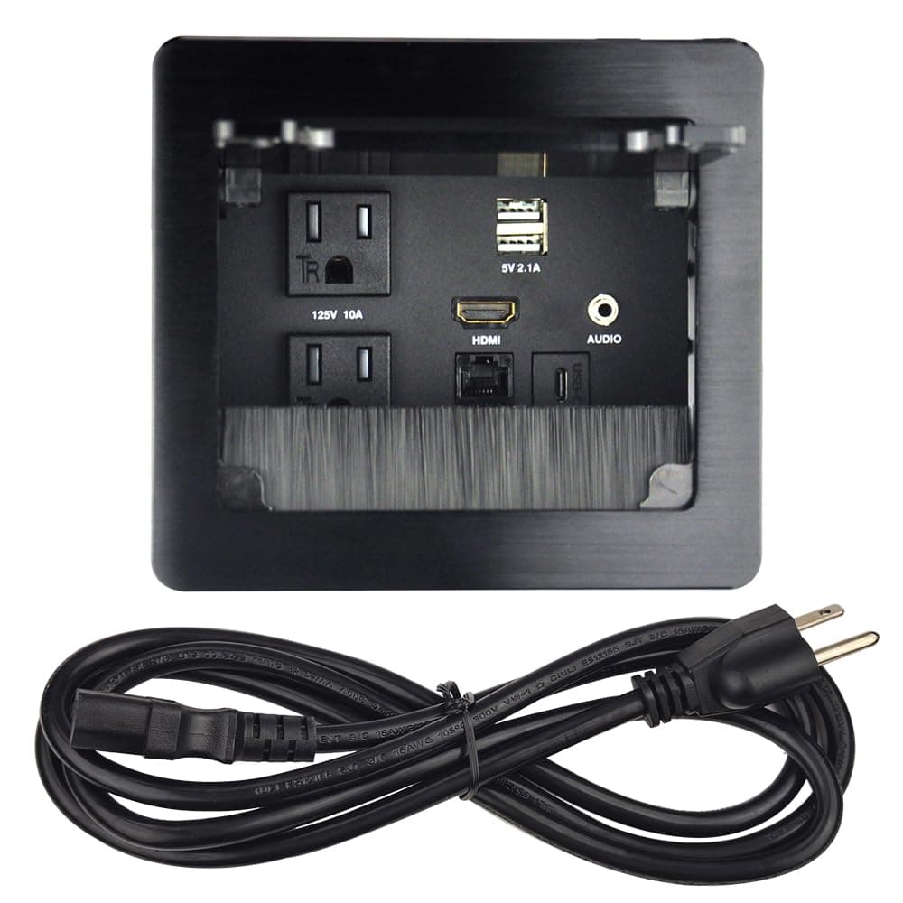 Tabletop Brush Flip Connectivity Box with 2 AC Power + 2 USB Charger + HDMI + 1 3.5mm Audio + USB-C Data + RJ45(cat6) for Conference Room (Black)