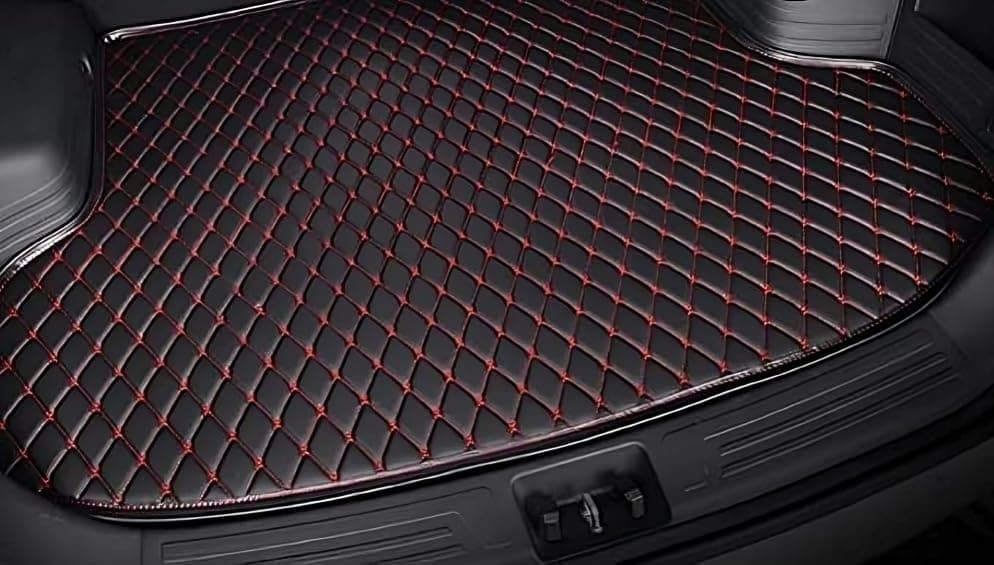 AUTO AAVARAN Premium 7D Car Floor Boot/Trunk/Dicky mat|Single-Stitch|Waterproof and Washable Premium Leatherrete|Color-Black with Red Stitching|KWID(Design-3)