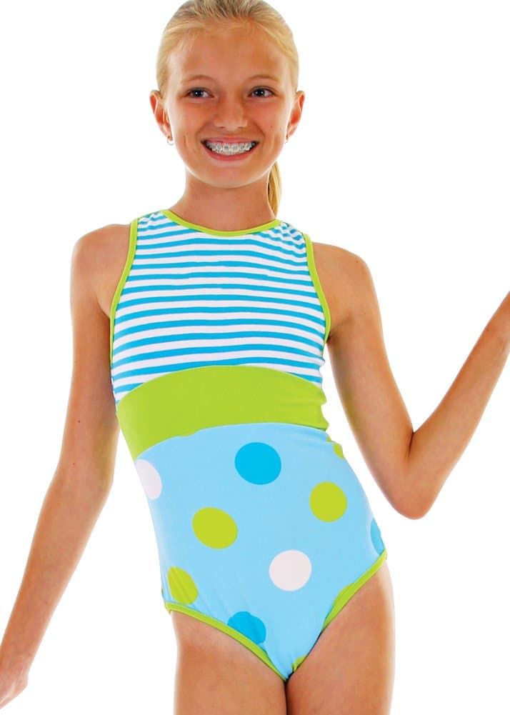 Chez Ami by Patsy Aiken Designs Girls Aqua Dotty Empire Tank Leotard