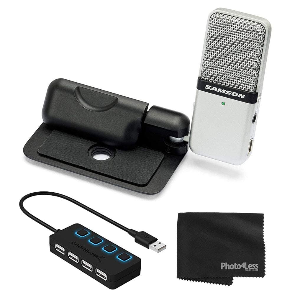 SAMSON Go Mic Portable Clip-on USB Condenser Microphone (Titanium)- USB 2.0 Hub with Individual LED lit Power Switches + Cleaning Cloth – Deluxe Bundle Great for Podcasting and Field Recording