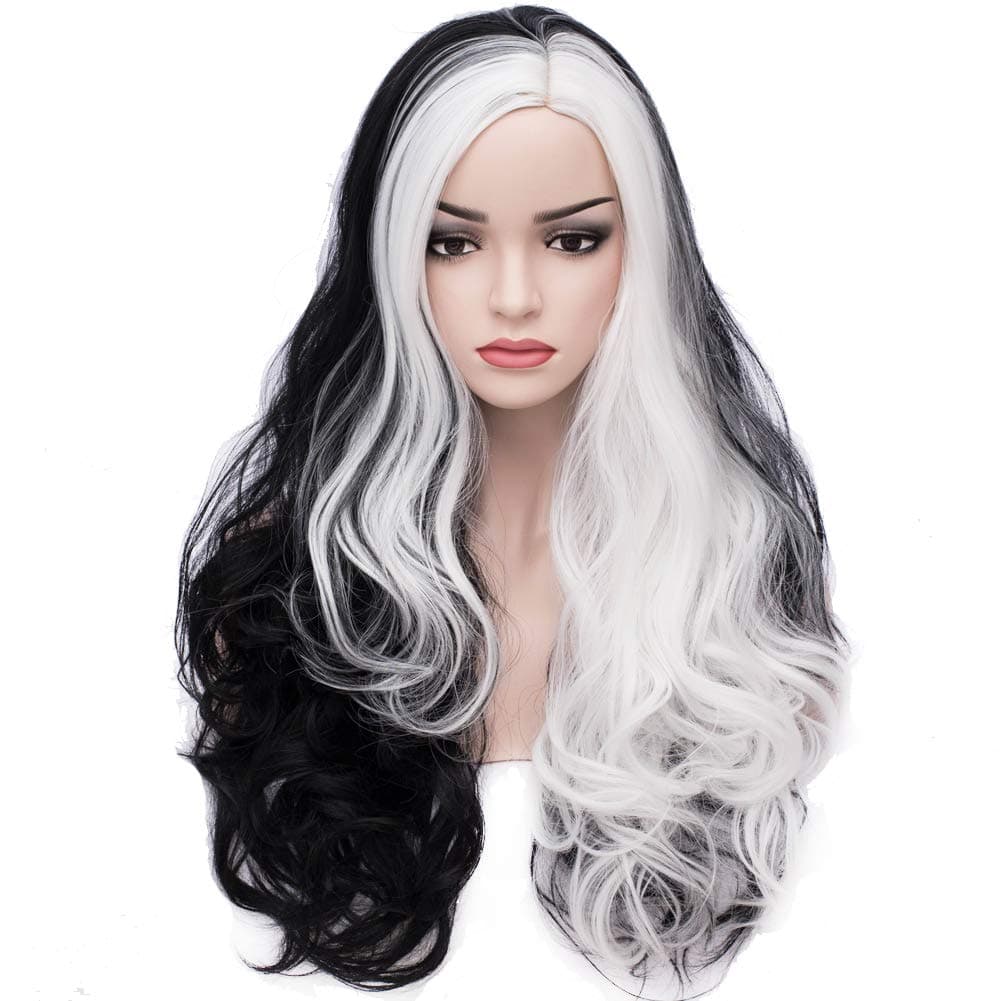 BERON Black White Wig Long Wavy Black White Split Wigs for Women Girls Cosplay Party Hairnet Include