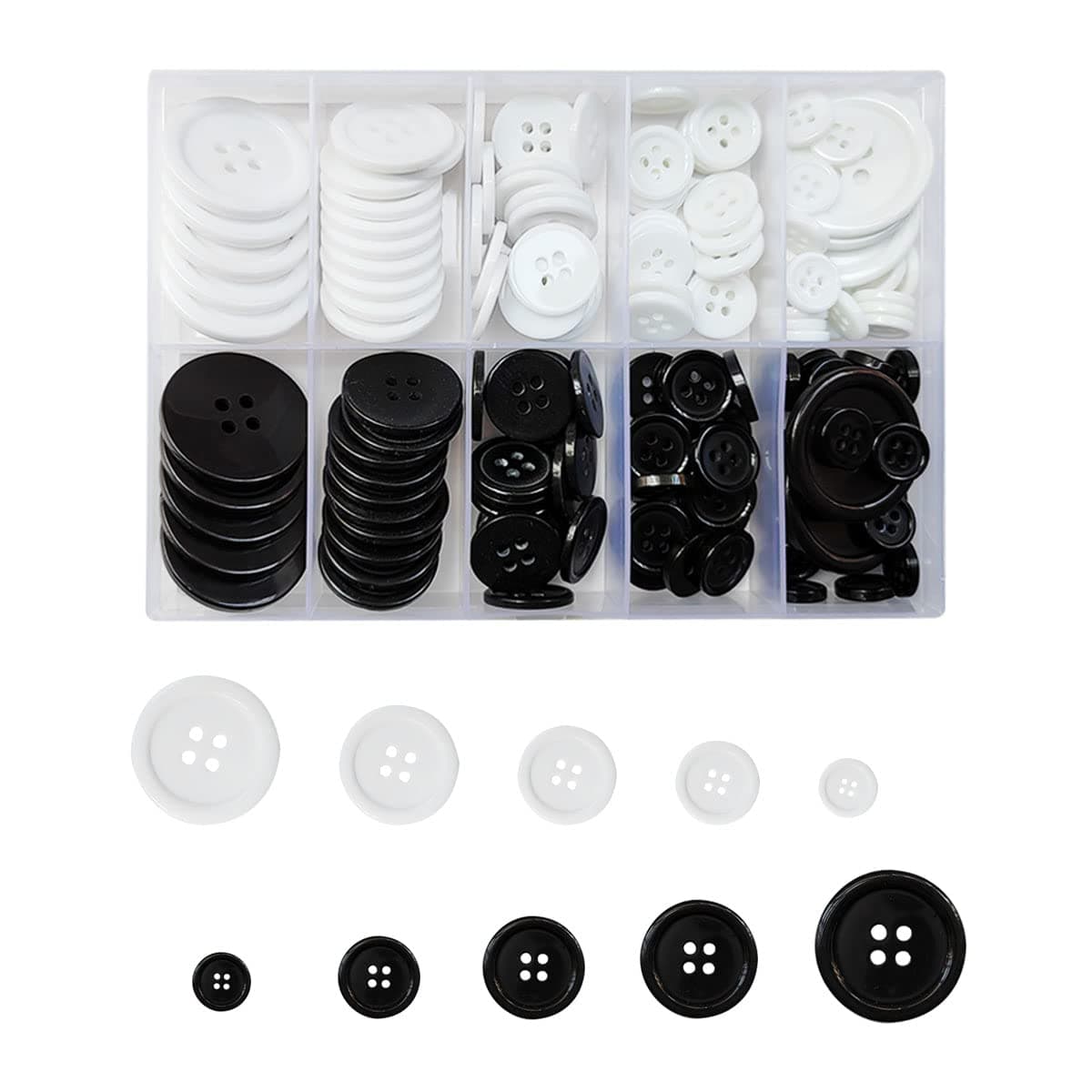160 Pcs Mixed Sewing Buttons - 4-Hole, 5 Sizes, Black & White, Round Craft Buttons