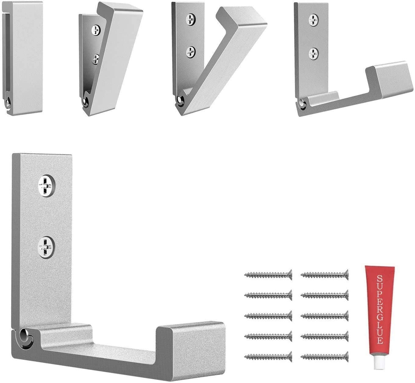 Foldable Adhesive Hooks,Heavy Duty Wall Hooks Zn Cu Alloy Ultra Strong Waterproof Hanger for Robe, Coat, Towel, Keys, Bags, Home, Kitchen, Bathroom . with Glue Adhesive .Set of 5 Pack (Silver)
