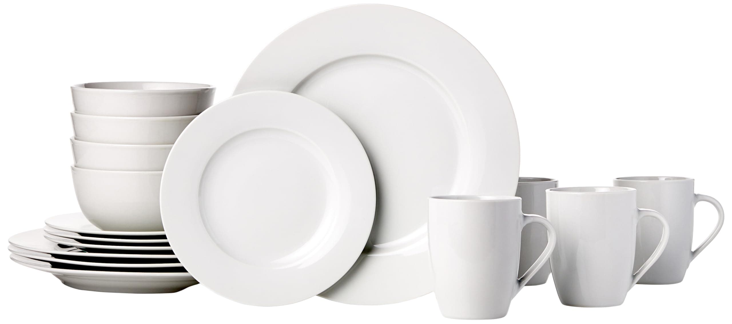 Amazon Basics 16-Piece Porcelain Dinnerware Set, Microwave and Dishwasher Safe, Service for 4, Plates, Bowls and Mugs, White