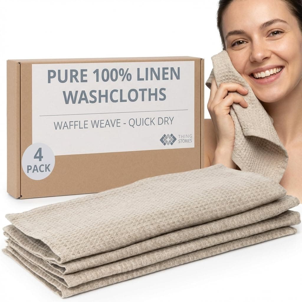 Thing Stories Flax Linen Washcloths for Bathroom - Waffle Washcloths 4-Pack 10x10 inch - Linen Face Cloths - Waffle Weave Cleaning Cloths with Loop - Exfoliating Face Towel for Women