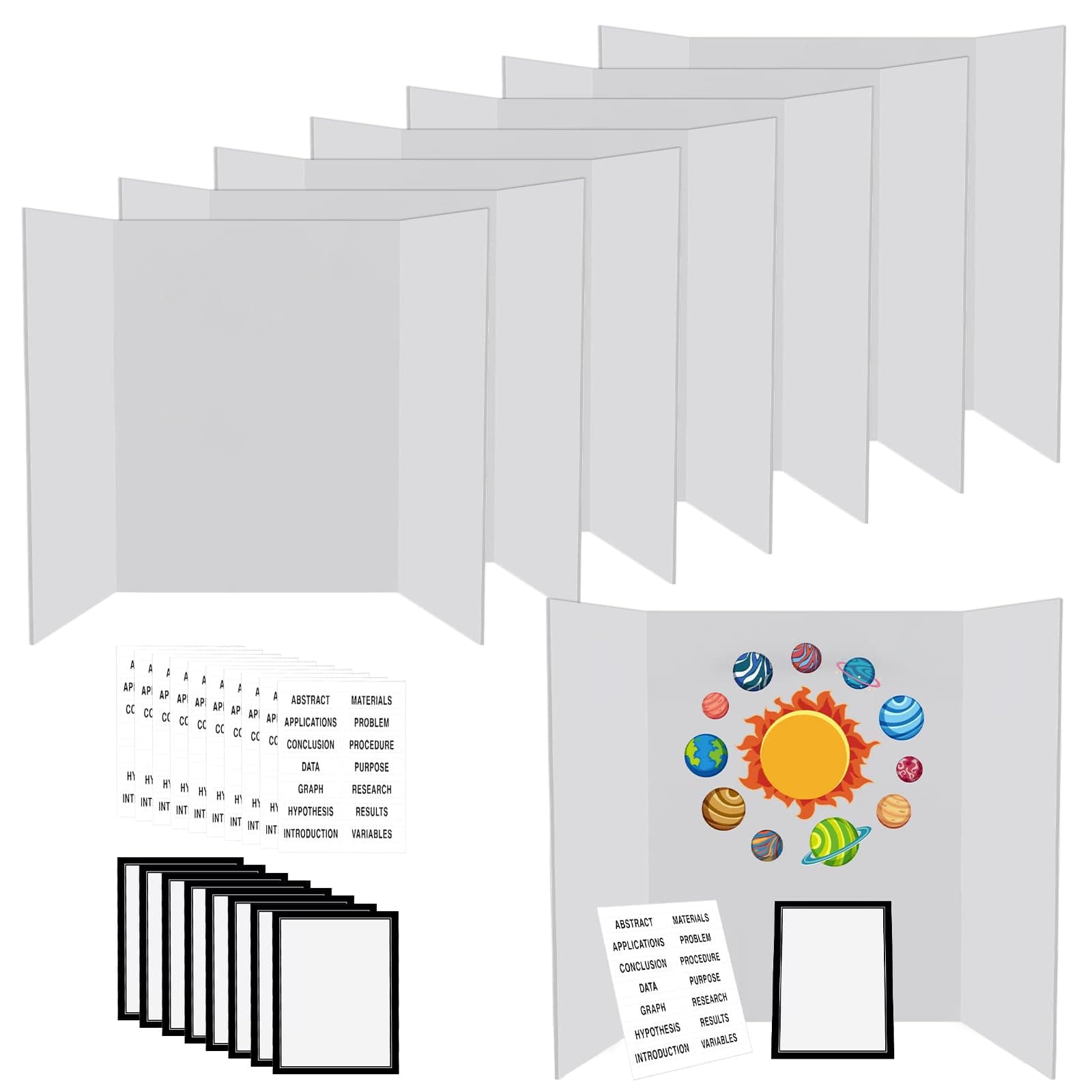 8 Pcs Trifold Display Board 36"x 48" Large White Presentation Board with Board Headers 8 Science Subtitles 64 Black Edge Self Adhesive Paper Poster Board for School Projects and Business Presentations