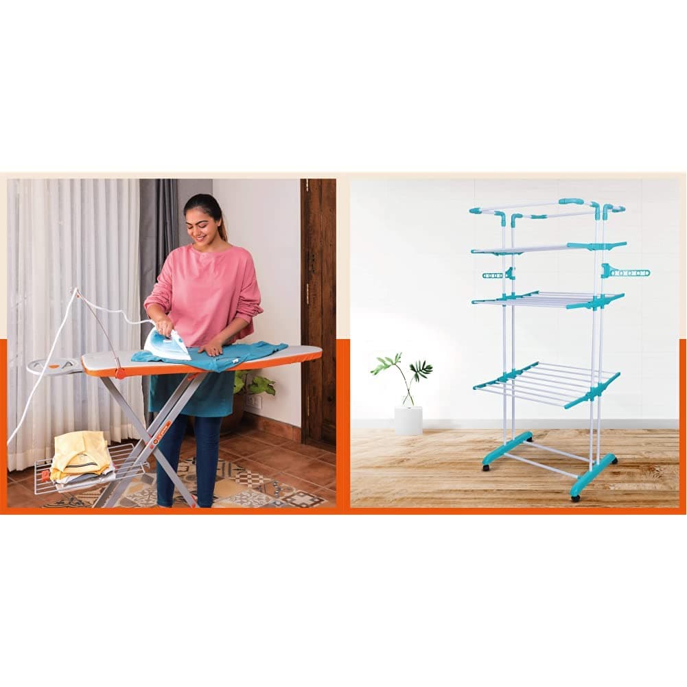Bathla X-Pres Ace - Large Foldable Ironing Board for Home with Aluminised Ironing Surface (Silver) & Bathla Mobidry Giga - Extra-Large 4 Level Steel Modular Cloth Drying Stand for Home (Blue)