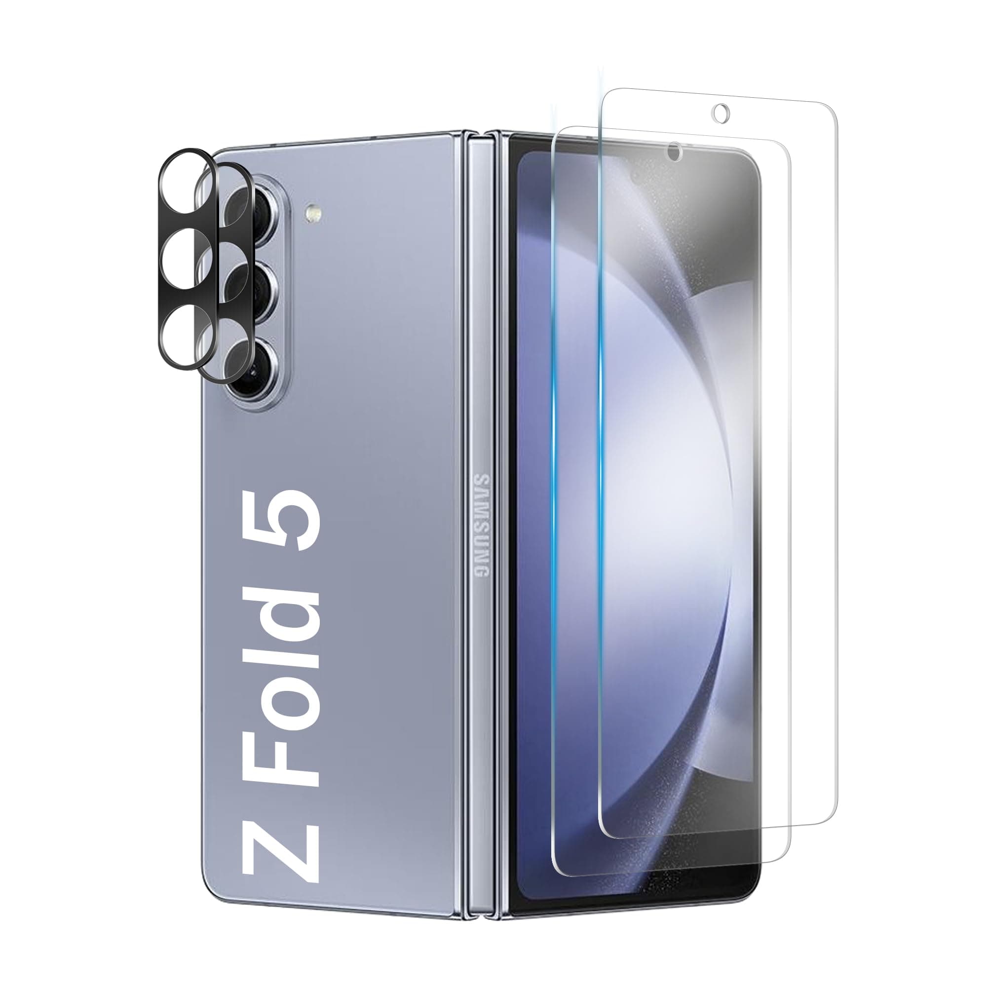 Ansxiy 2+2 Pack For Samsung Galaxy Z Fold 5 Screen Protector 2 Pack + Camera Lens Protector 2 Pack, Easy installation, Bubble Free, 9H Hardness, Tempered Glass Protective Film for Z Fold 5 5G