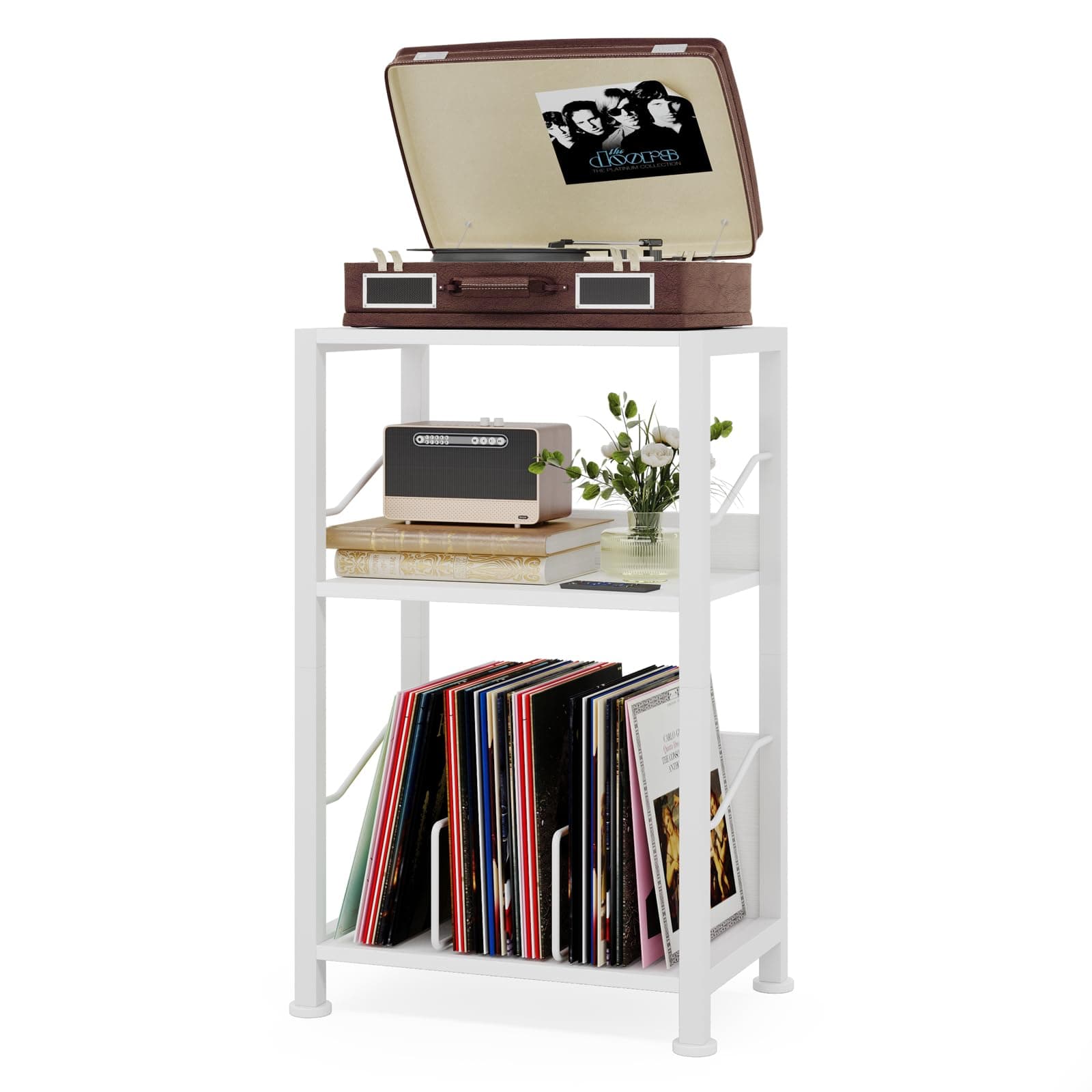 Hosfais 3 Tier Record Player Stand, Retro Vinyl Record Storage End Table Records Shelf for Living Room Bedroom (White)