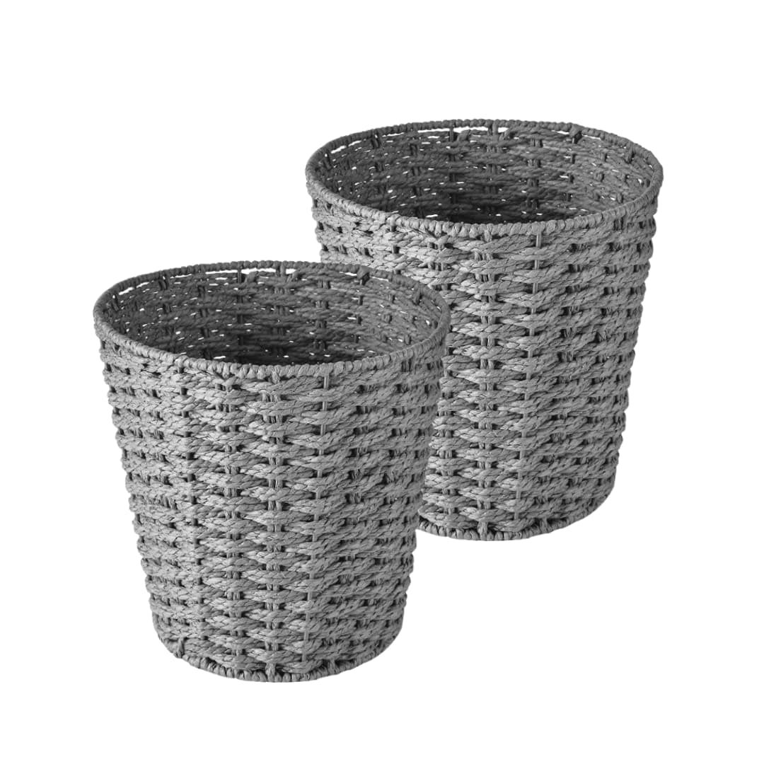 Zuvo Round Wicker Waste Paper Bin and Basket (Pack of 2) Rubbish Basket for Bedroom, Bathroom, Offices or Home (Grey)
