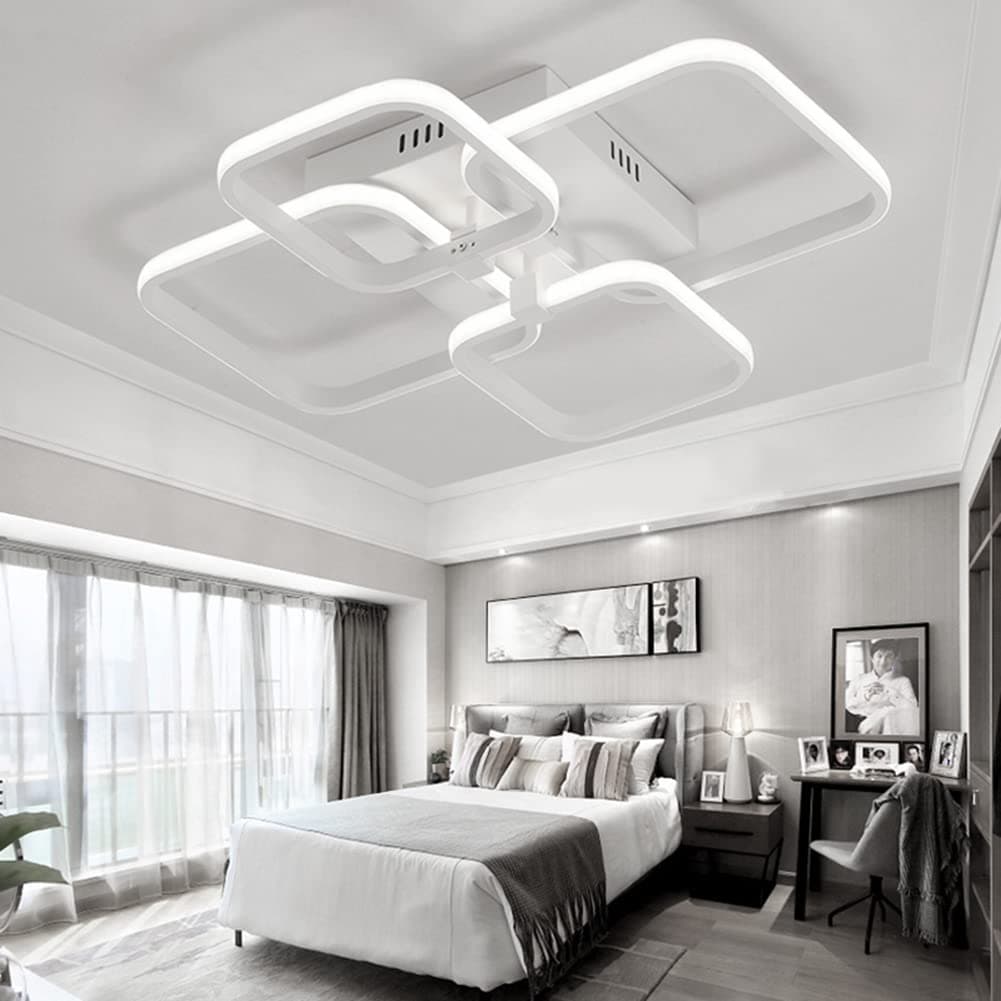 Modern LED Ceiling Light with 4 White Squares, 60W Flush Mount Pendant Light, Acrylic Chandelier for Living Room Bedroom Dining Room, 6000K Cool White Light Only [Energy Class A++]