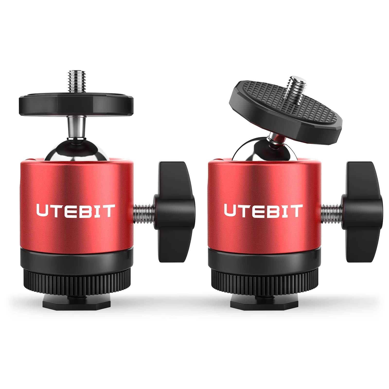 UTEBIT Mini Ball Head Tripod Ballhead Mount with Removable 1/4" Hot Shoe Adapter 360° Swivel Camera Ball Head Maximum Load 2.5kg/5.5lbs for DSLR Monopod Light Stand Flash light Monitor (2 Pack)