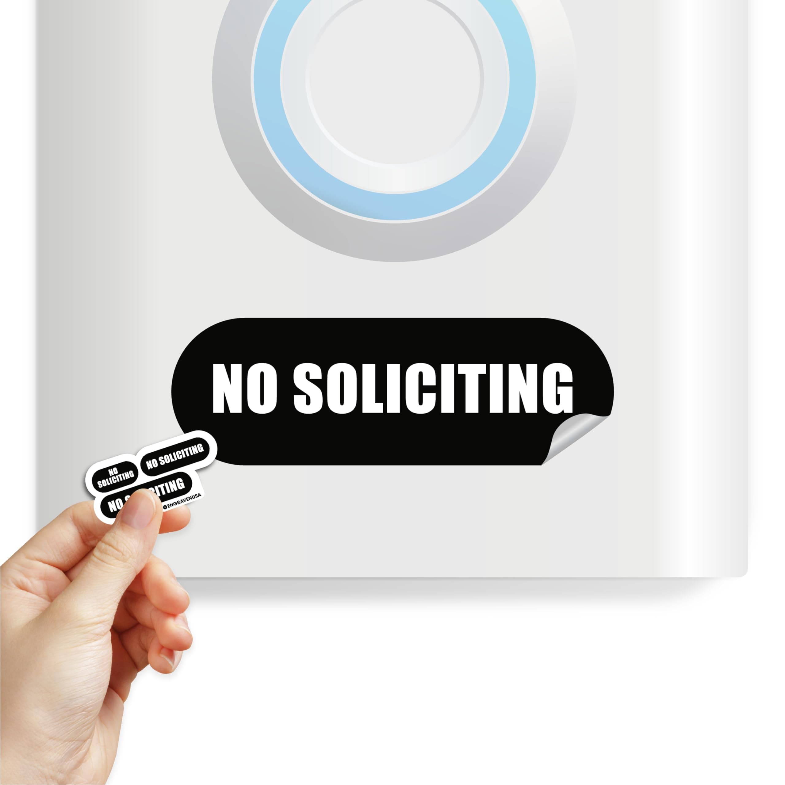 Tiny No Soliciting Sign for House | 3 Sizes No Soliciting Sign for Home | Tiny Size Perfect for Video Doorbell | Matte Weatherproof Sticker | Ideal for Apartment, Office and more (Black 3 Sizes)