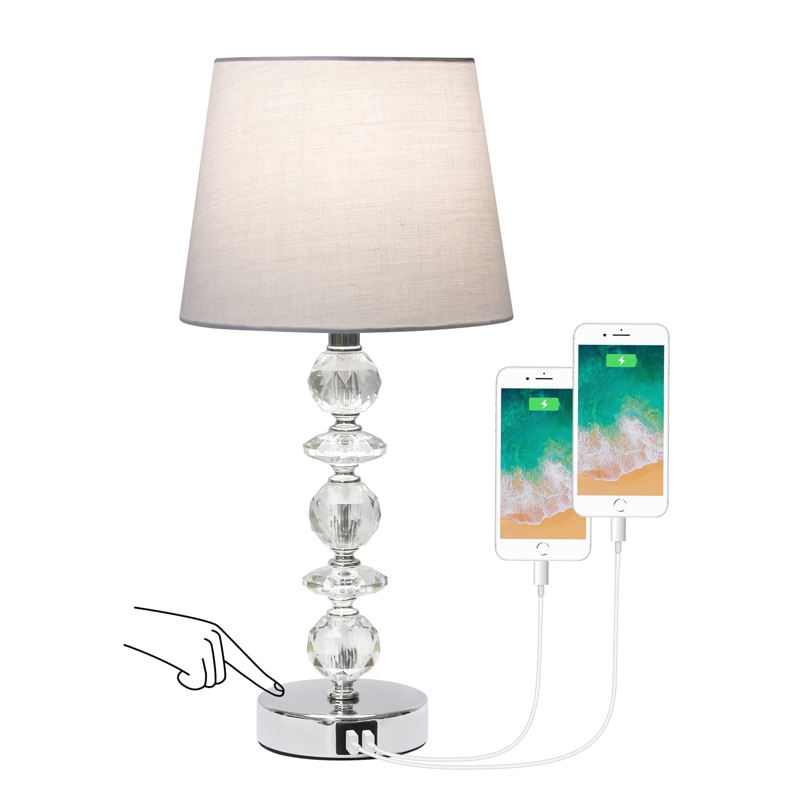 Touch Control Crystal Table Lamp with Dual USB Ports, 3 Way Dimmable Decorative Nightstand Lamp, Modern Bedside Lamp with Gray Shade and Stacked Crystals for Bedroom, Living Room, 8W LED Bulb Included