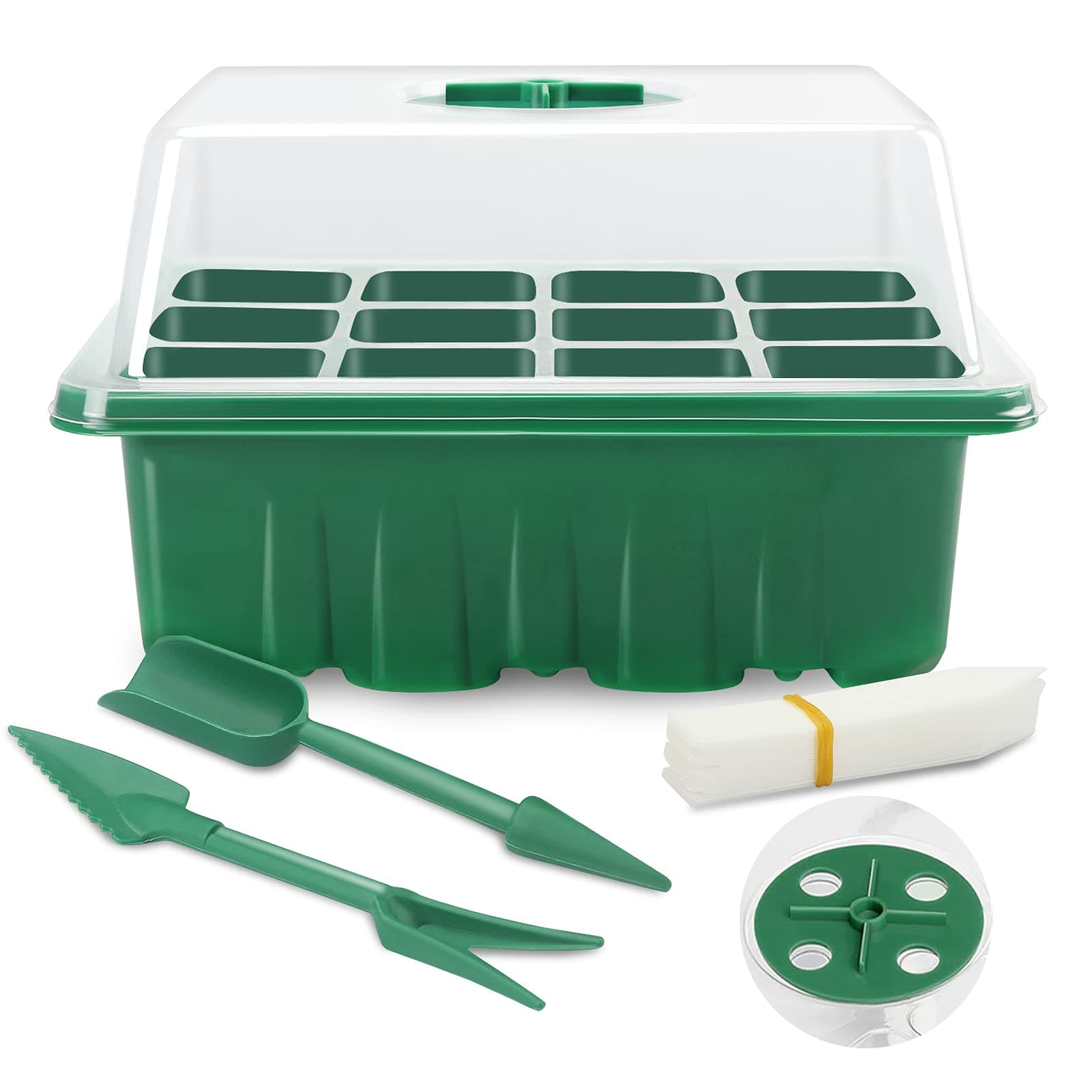 10 Pack Plastic Seed Trays with Lids, 12 Cells Mini Propagator Tray for Plants Starting and Growing, Seeding Germination Trays with Adjustable Humidity Dome, Base, Hand Tool Kit(Green)
